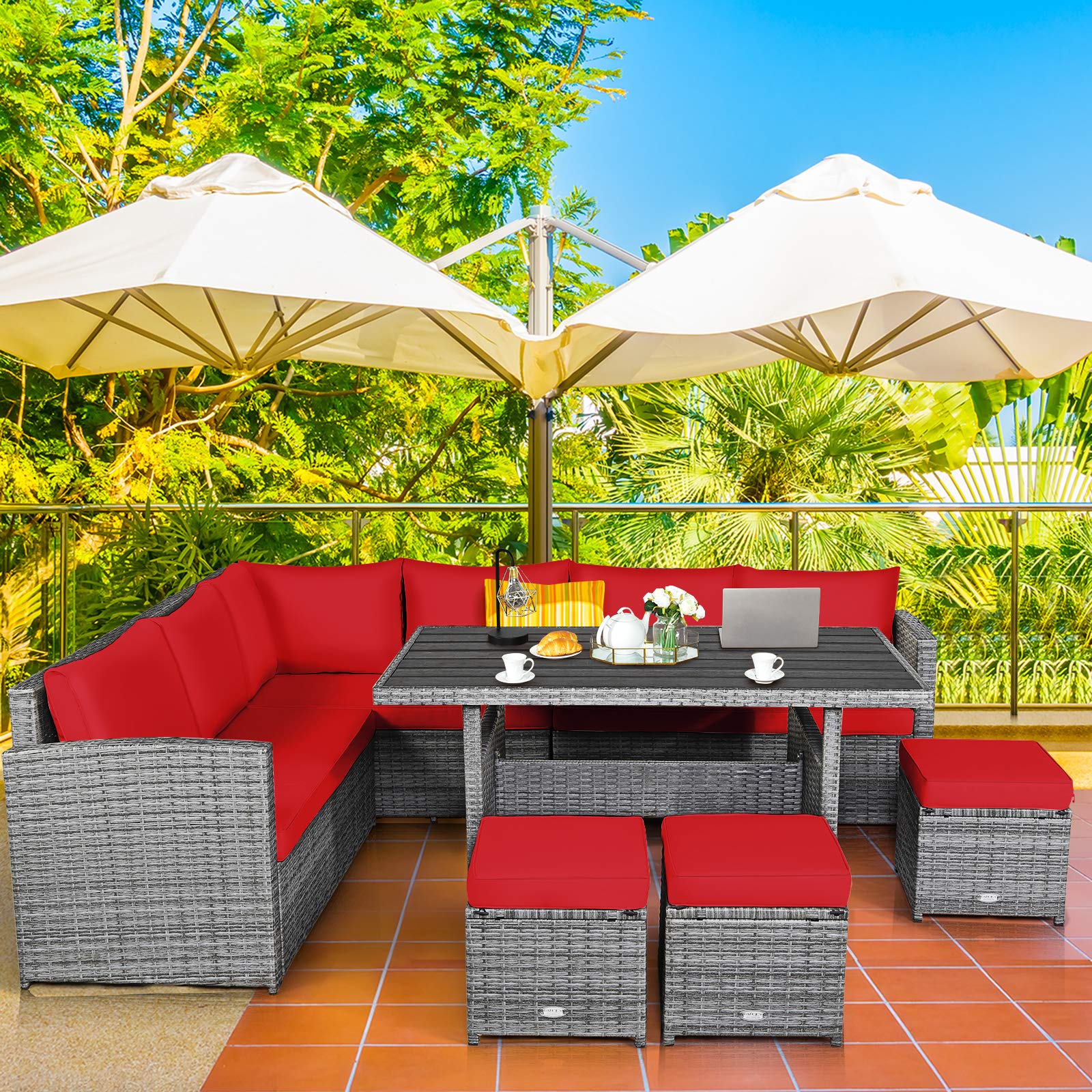 Juego de 7 muebles para patio, sofá seccional con cojines, juego de sofá conversación de mimbre para todo tipo de clima, mesa y otomanas para patio trasero, jardín, área de alberca. 2