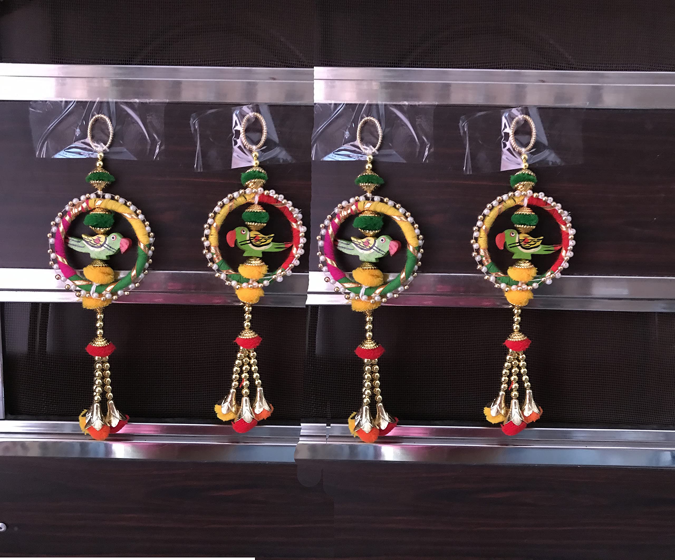 Aahum Handmade Wall Door Multicolor Bangle with Parrot Pom Pom String with Golden Beads, Hanging Torans Bandhwar Decoration Item for Home Décor Diwali Festival, Navratri, Wedding (1 FT 4 Strings)