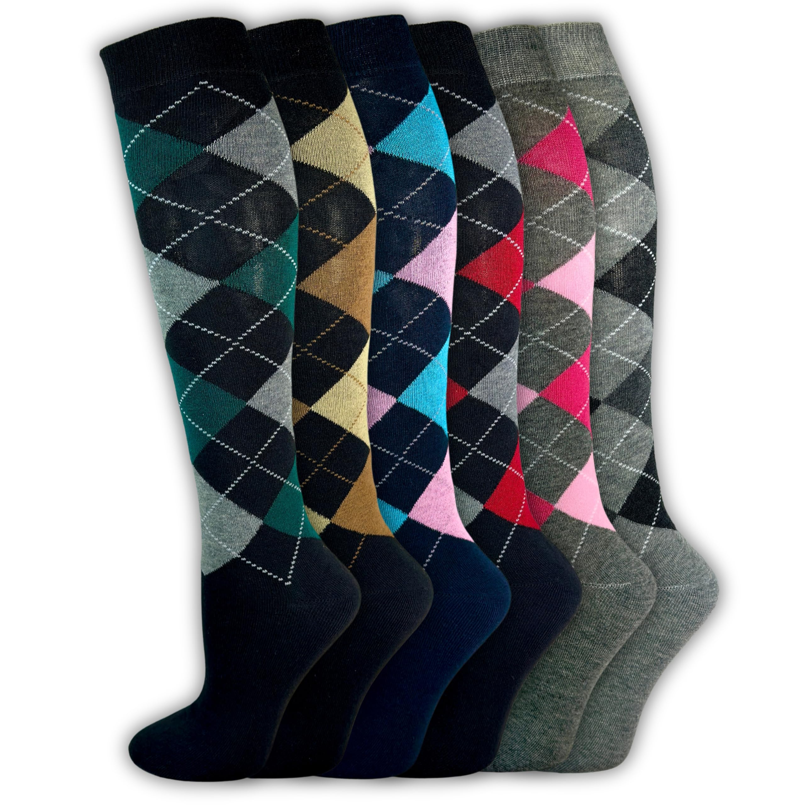 Generisch Lot de 6 paires de chaussettes d'équitation pour femme - Taille confortable - Coton - À carreaux - Respirantes