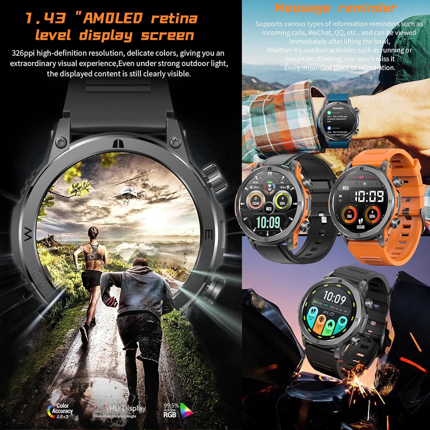 Smartwatch display showing various watch faces and message reminders