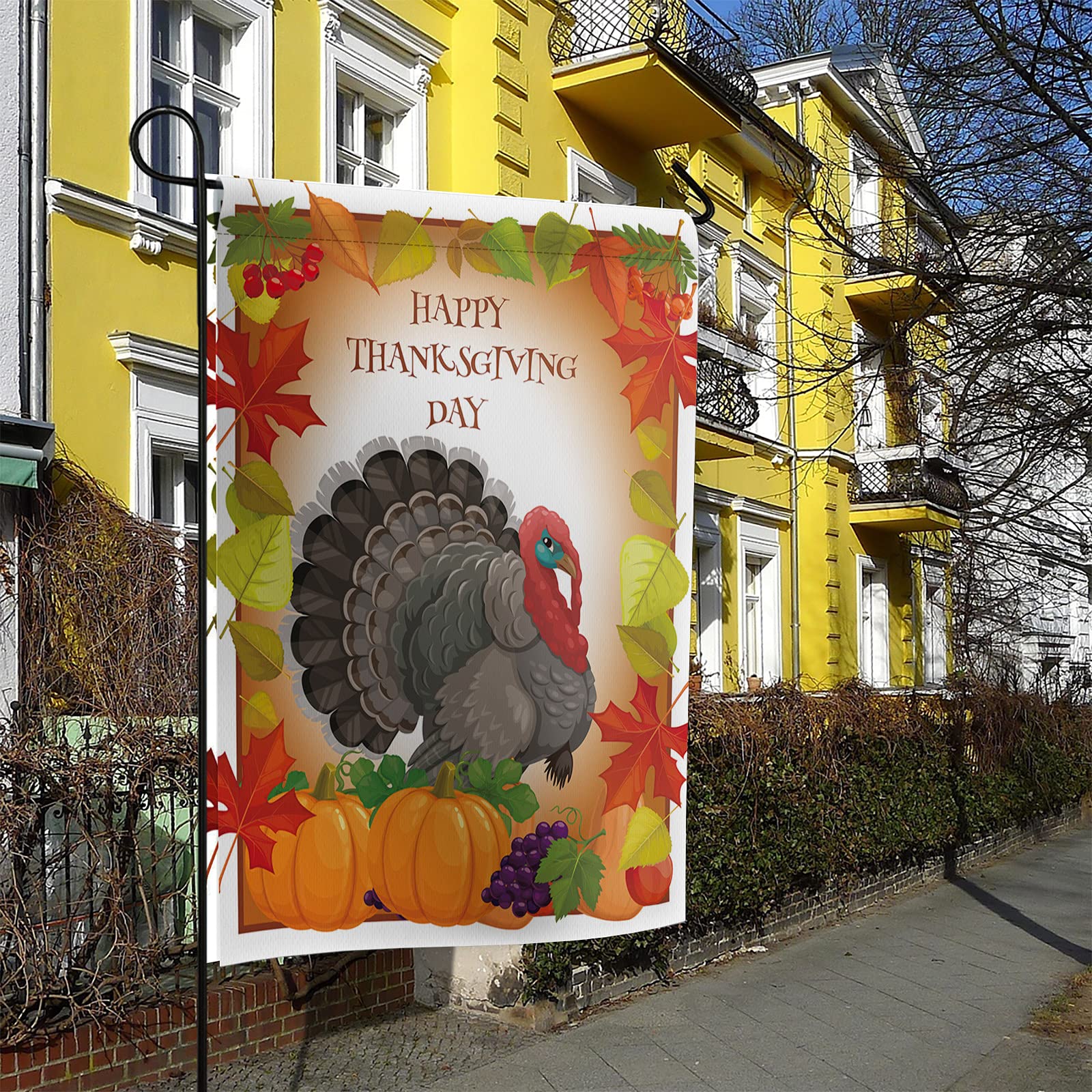 Happy Thanksgiving Hausflagge – 71x101 Cm, Jute, Doppelseitig, Mit Türkei & Ahornblatt, Für Garten, Terrasse