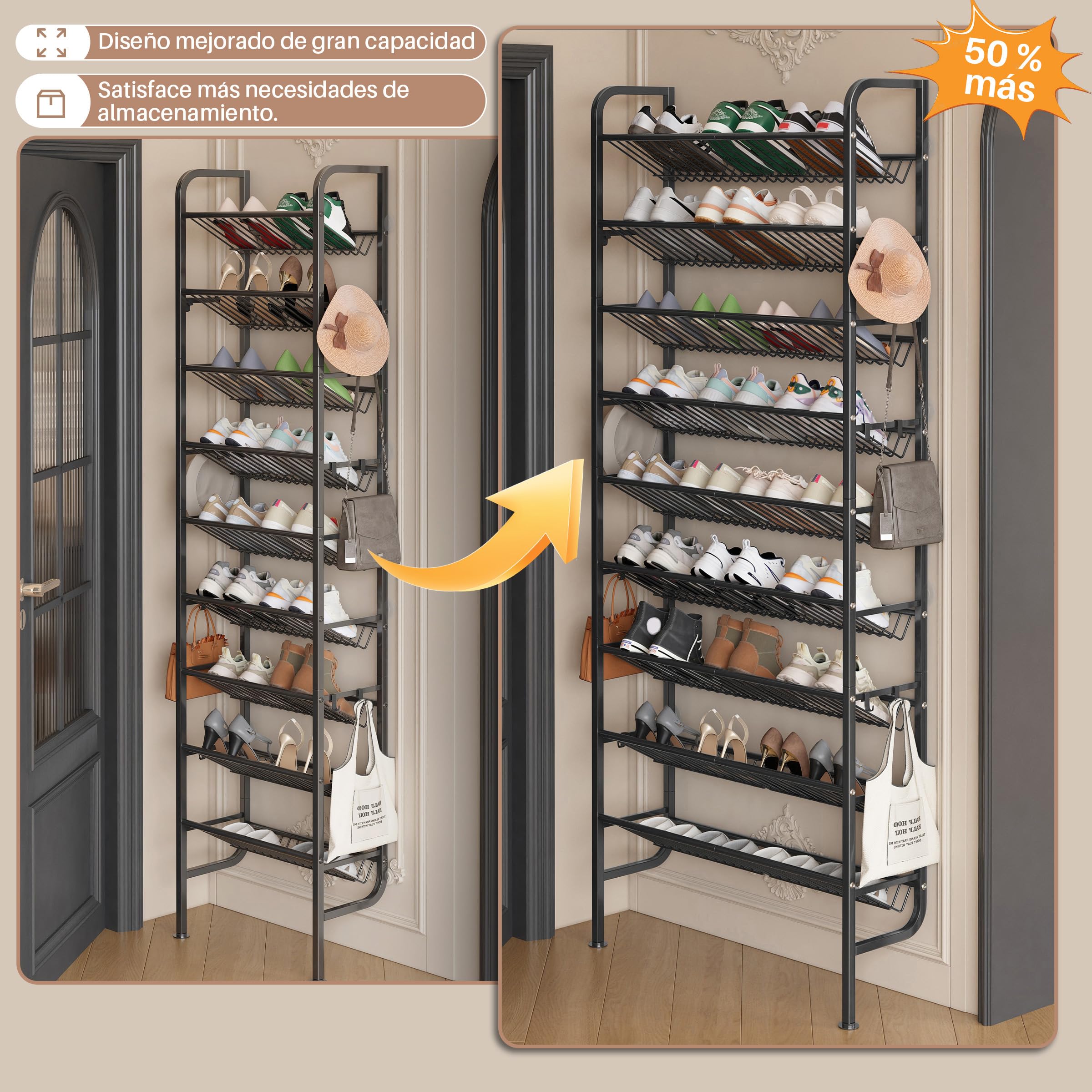 Zapatero para Puerta, Zapatero MetáLico de 9 Estantes para Colocar detráS de la Puerta, Zapatero Abierto, con 12 Ganchos para Despensa, Recibidor, SalóN (Negro, 70 x 20 x 177 cm)