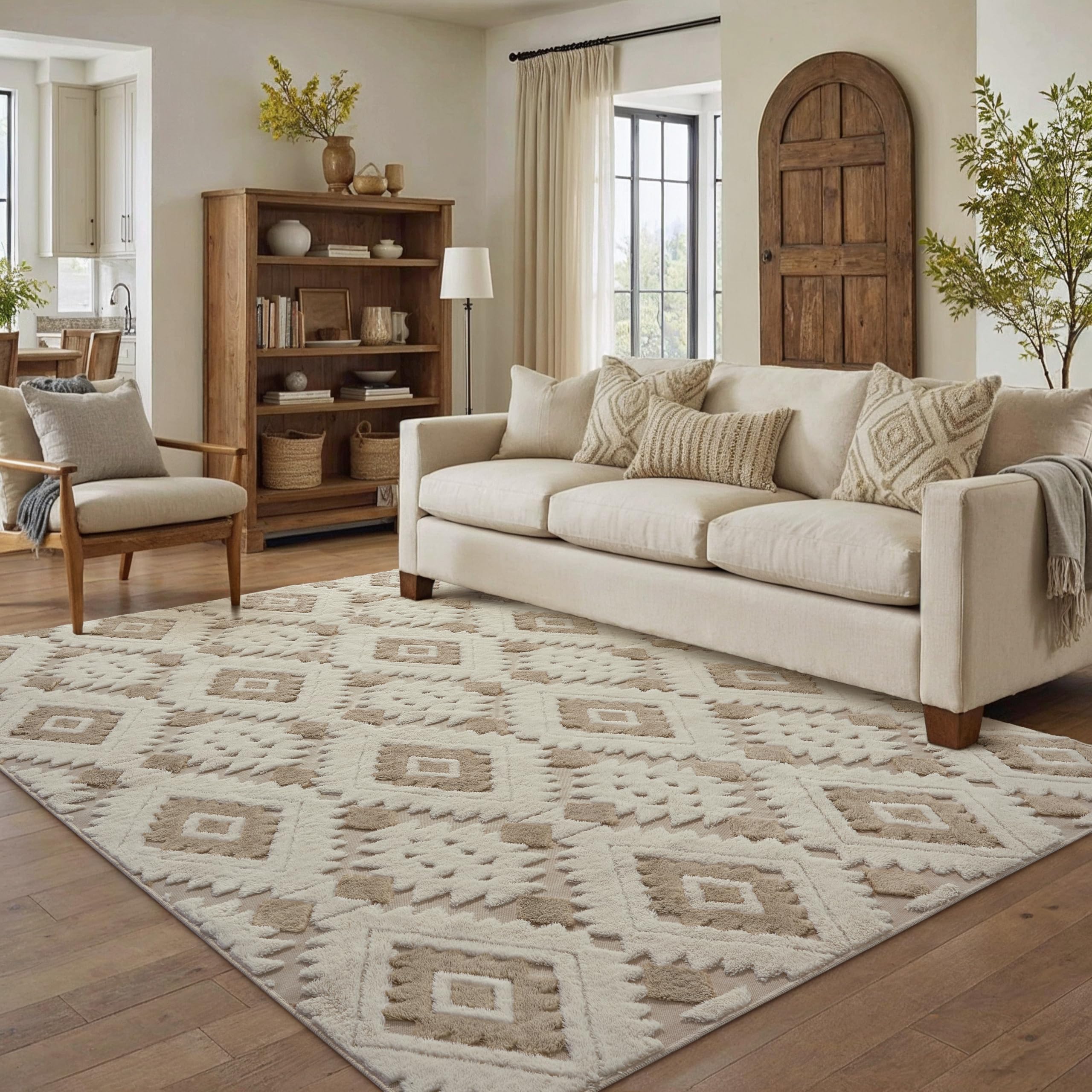 PureCozy Beige Brown Rugs Living Room Area Rug 150x210cm Bedroom Boho Neutral Washable Non Slip Large 3D Carpet Hall Lounge Bedside Office Low Pile Soft Geometric Carpets — image 1