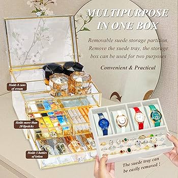 Youdepot ジュエリーボックス 時計ボックス 時計収納ケース ジュエリー収納 高級強化ガラスディスプレイストレージ グレーベルベット引き出し4個付き イヤリング リング ウォッチ ネックレス ブレスレット ディスプレイケース ギフト