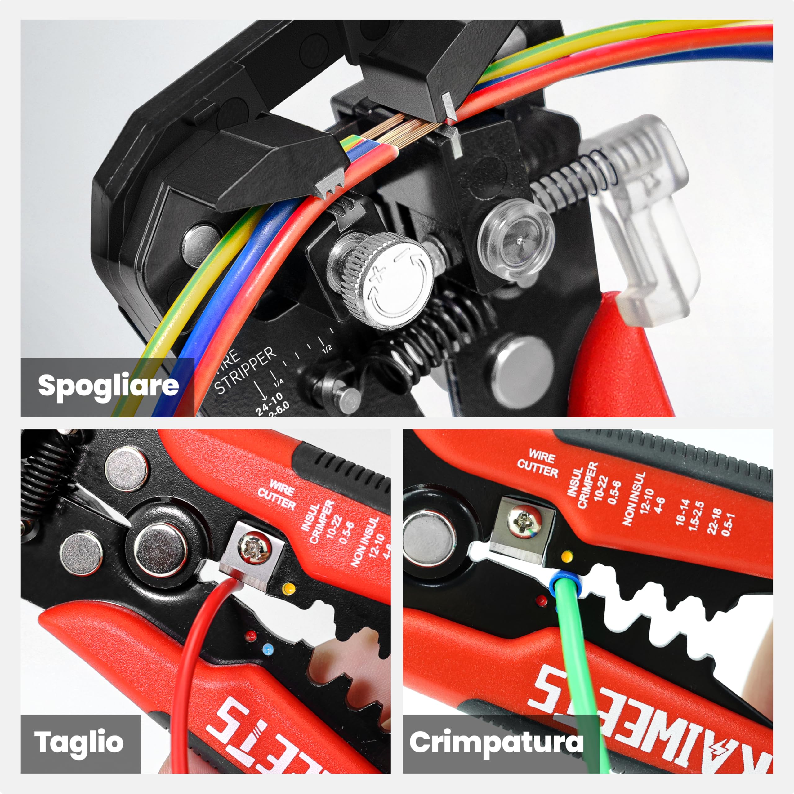 KAIWEETS Pinze Spelafili per Elettricisti, 3 in 1 Automatico Spelacavi Multifunzione, Spelafili e Taglierina, Pinze a Crimpare per Cavi Isolati e Non Isolati KWS 103