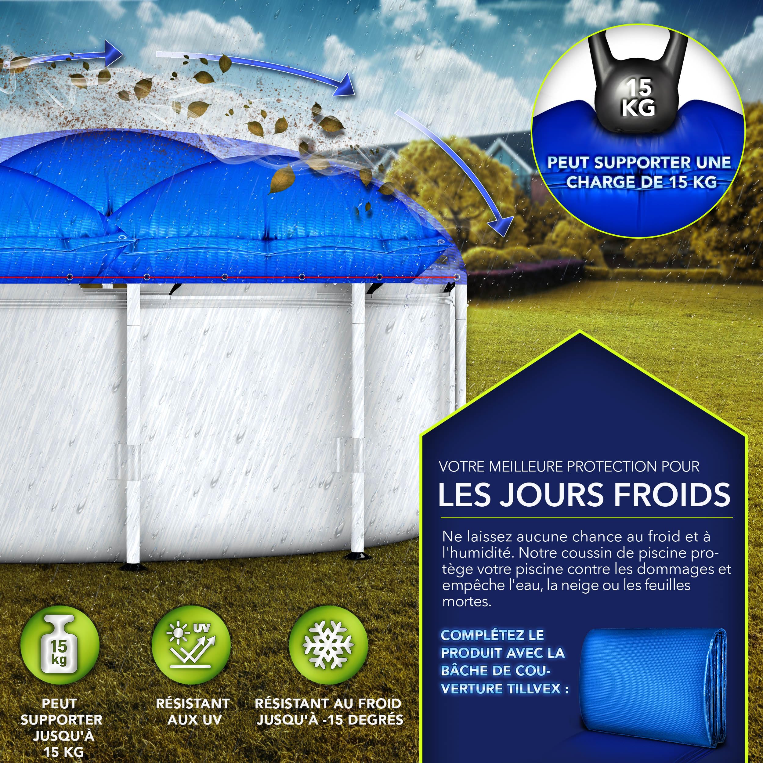 tillvex® Coussin de piscine pour l'hiver XXL 200 x 240 cm | Coussin d'air avec kit de réparation - Coussin d'hiver avec valve de sécurité - Double couture