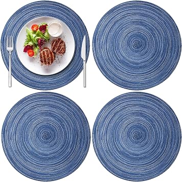 12Round Braided Placemats Set of 4,Washable Heat Resistant Cotton Polyester Circle Place Mats for Kitchen Dinner Party Table Decoration,Suitable for Plates Under 10 inches Blue 12 inch Medium Size