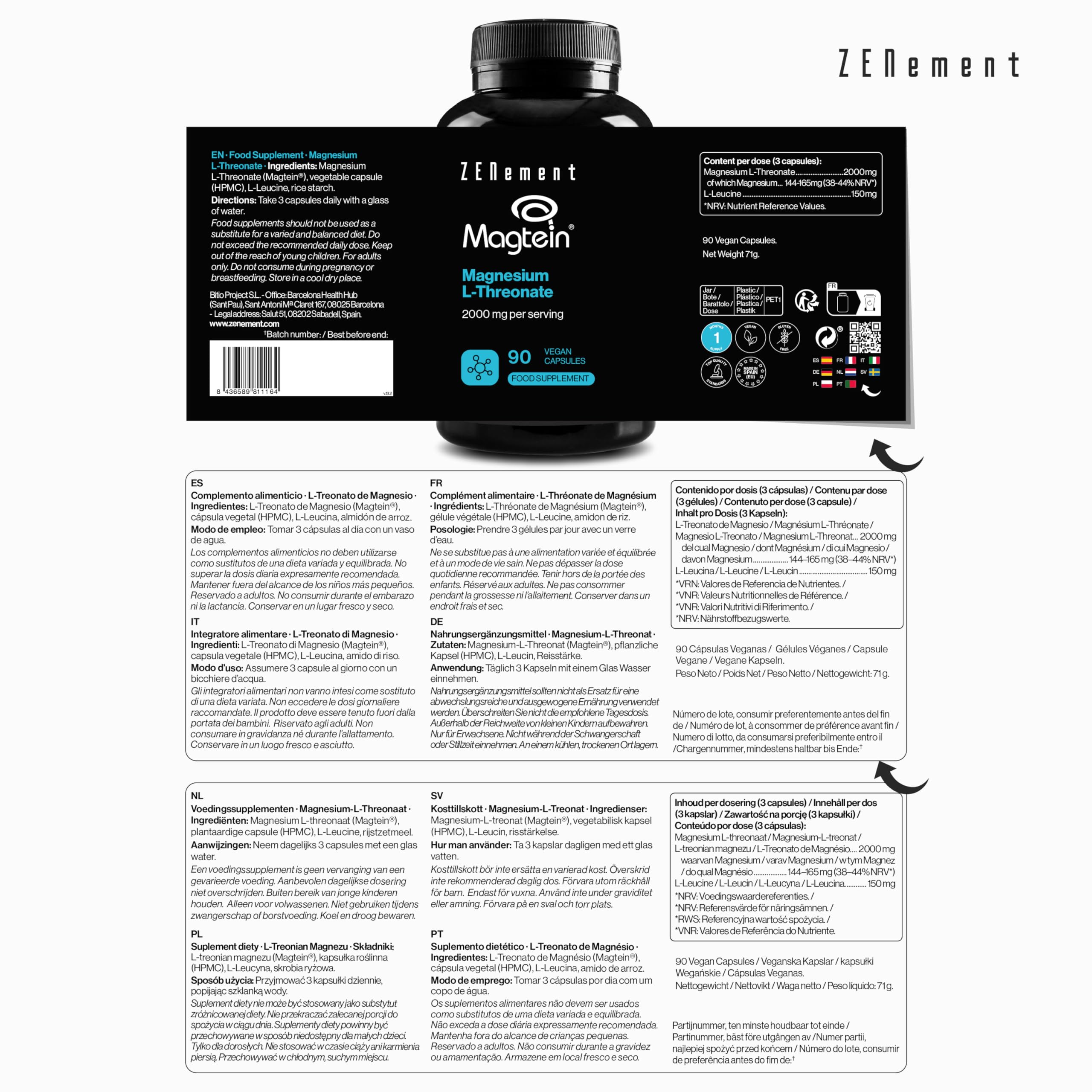 Magnesio L-Treonato – Magtein® – 2000 mg por Dosis – Salud Cerebral y Sistema Nervioso – 90 Cápsulas Veganas, 1 Mes de Suministro – Zenement
