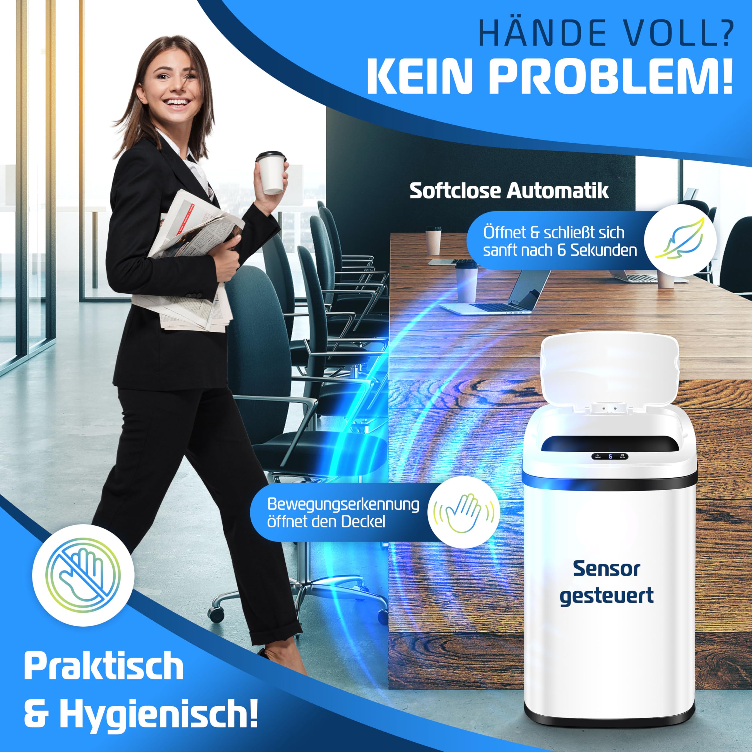 KESSER® Vuilnisemmer voor in de keuken, 30 liter, automatisch met bewegingssensor, afvalemmer en soft-close-deksel, vuilnisemmer met touch- bedieningspaneel en sensor, lcd-display, roestvrij staal