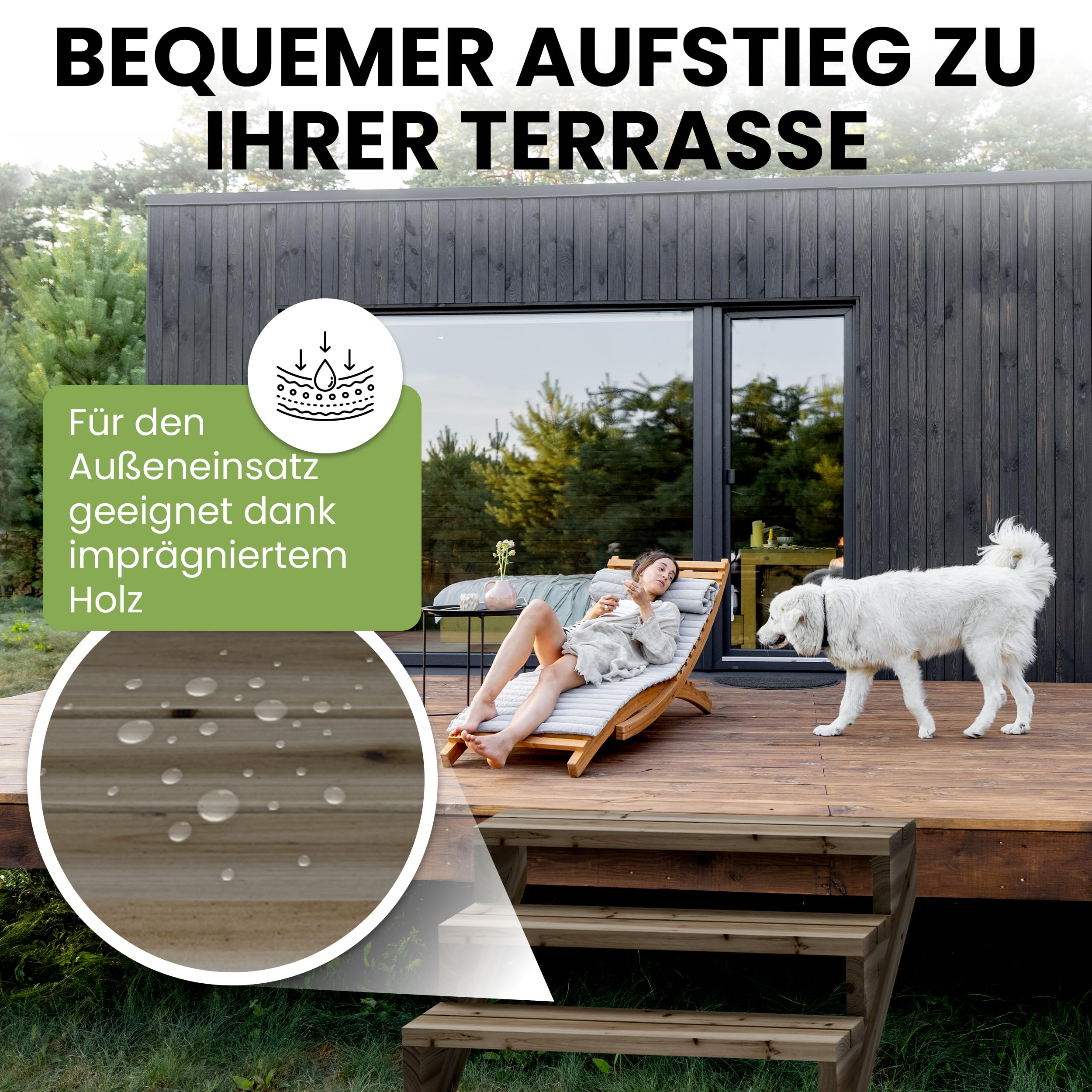Gartenwelt Riegelsberger Escalera de terraza de pino impregnado – 95 cm de ancho, 2 peldaños, altura total 38 cm – Escalera exterior de madera maciza resistente a la intemperie con mejillas, tablones