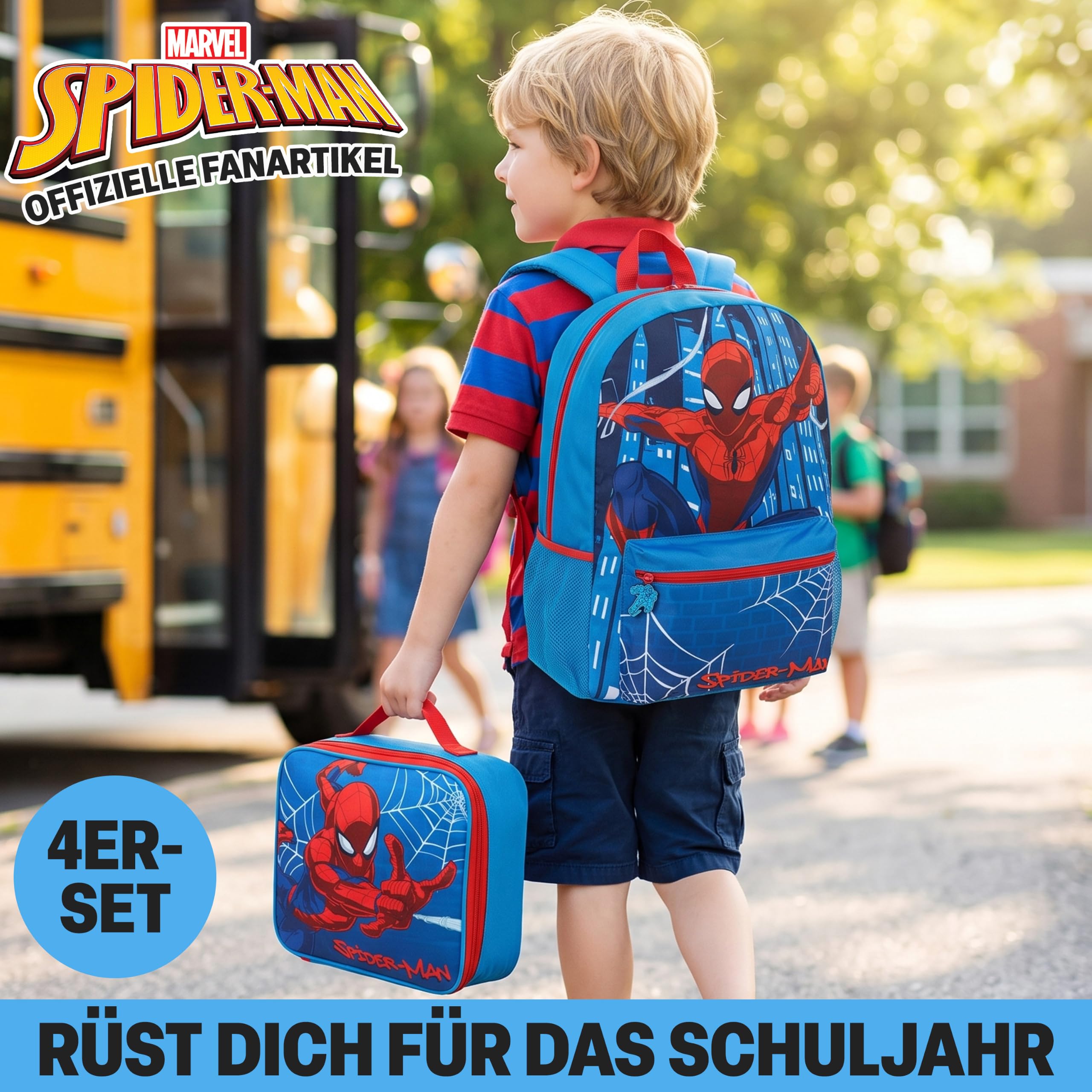 Get Trend Marvel Spidey Rucksack Kinder 4er Set, Großer Kinderrucksack 46cm, Trinkflasche 500ml, Federmäppchen & Isolierte Lunchtasche, Geschenk für Kinder (Blau/Multi Spiderman)