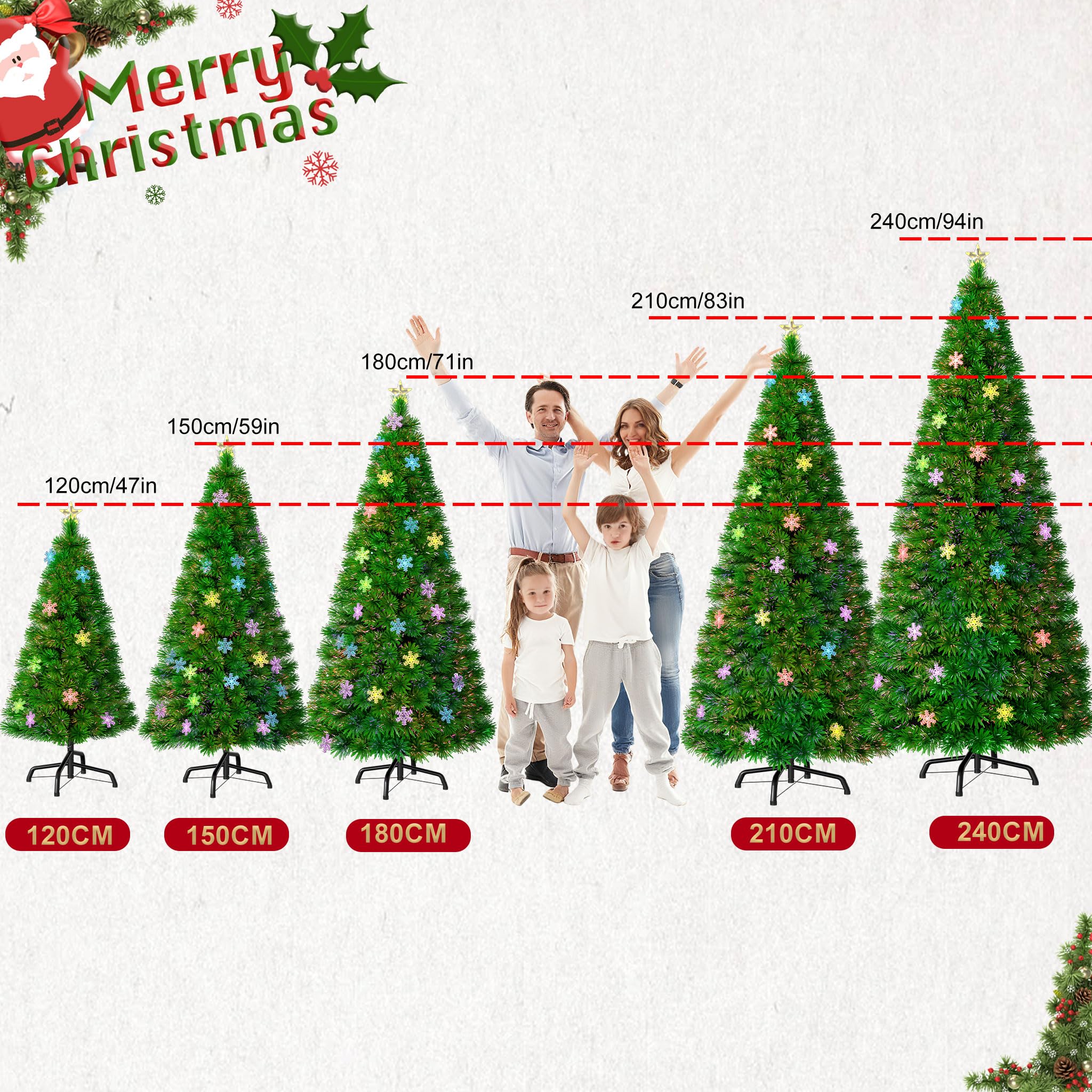 UISEBRT Árbol de Navidad Artificial con Luces LED Multicolor - Árbol de Navidad Decorativo (210cm, Fibra óptica & Copos de Nieve)