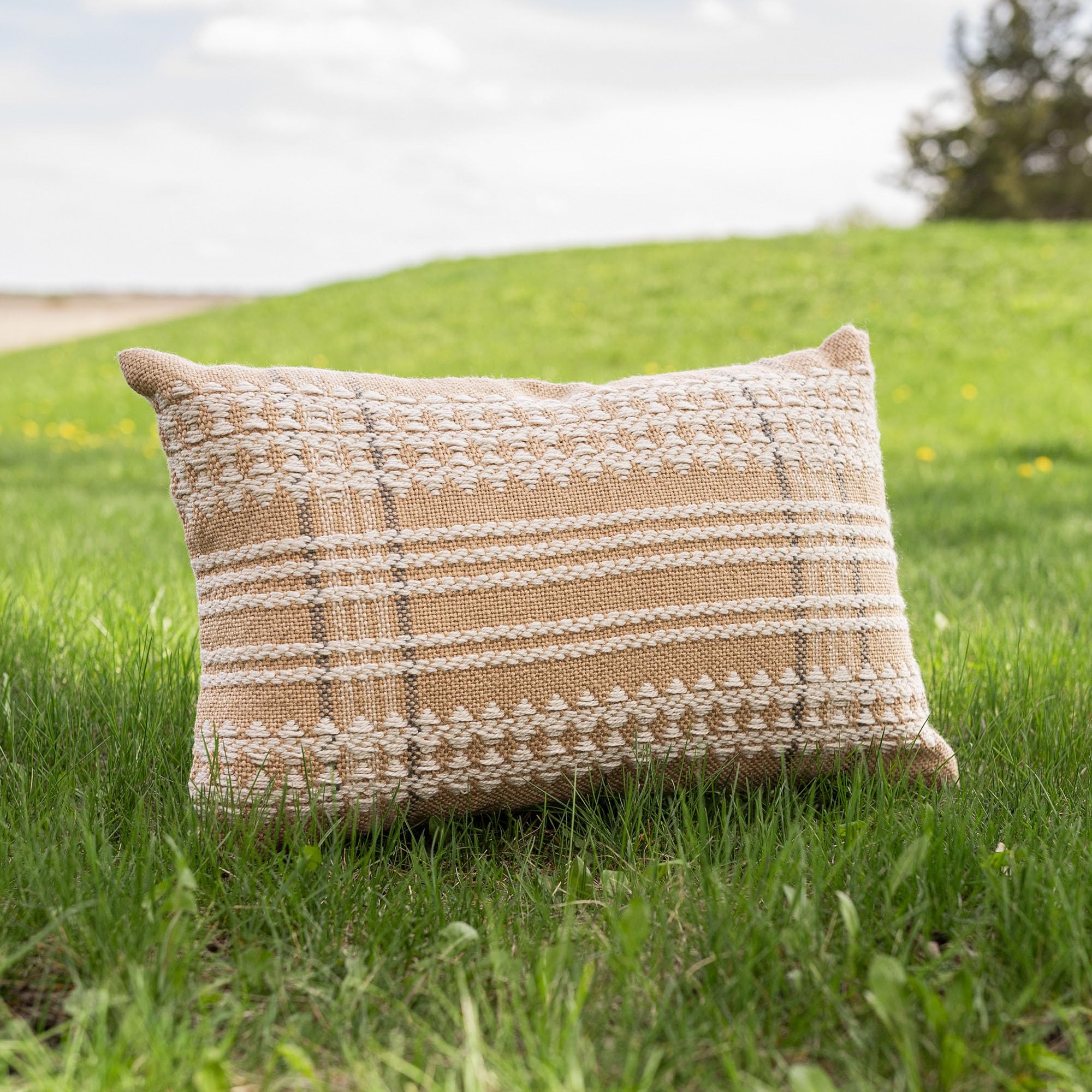 Foreside Home & Garden 14x22 Outdoor Indoor Woven Geo Diamond Filled Lumbar Pillow Tan Polyester