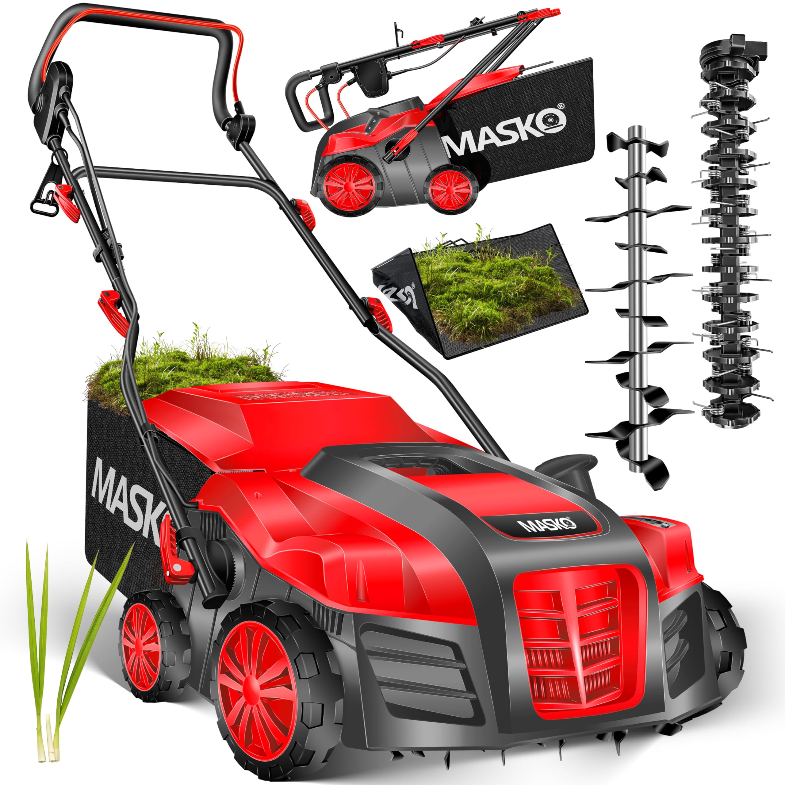 MASKO® Elektro 2in1 Vertikutierer Rasenlüfter 1800W 40cm Arbeitsbreite 55L Fangkorb mit Lüfterwalze Lüfter Moosentferner, Bürste & Handschuhe 5-stufige Arbeitstiefe einstellbar höhenverstellbarer Holm