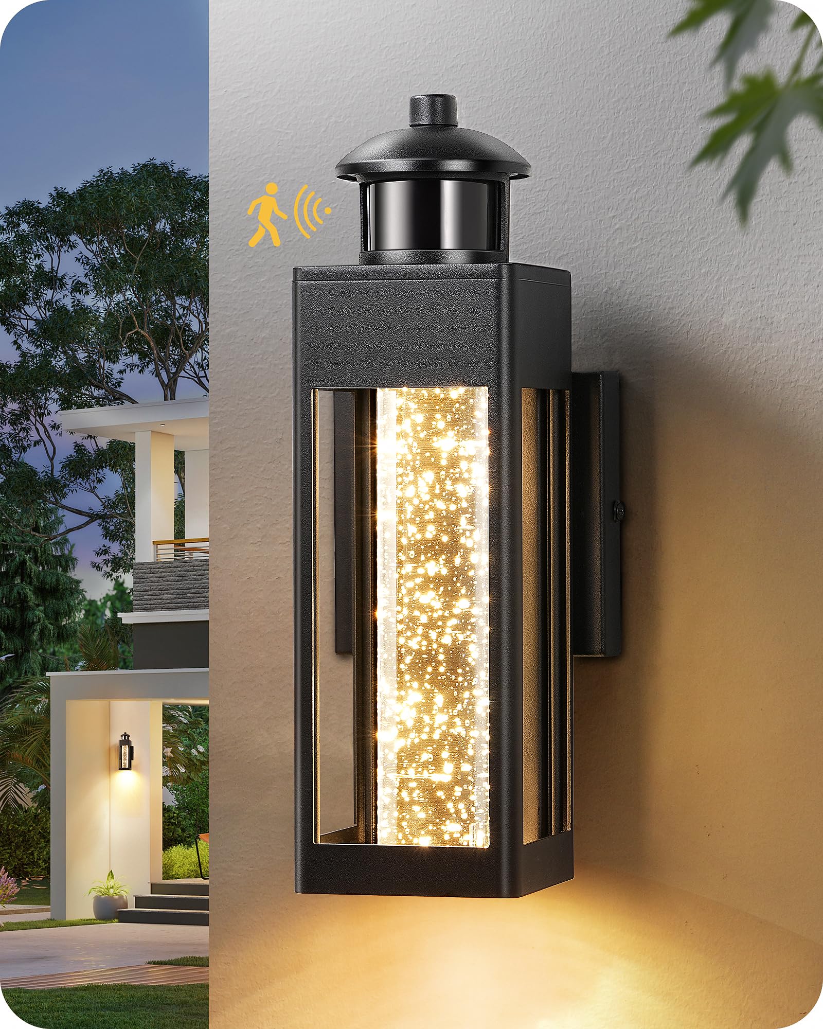 EDISHINE Motion Sensor Outdoor Wall Light, Dusk to Dawn, Integrated LED Exterior Light Fixture with Clear Seeded Glass, Porch Light Wall Mount Sconce, Outside Wall Lantern for Garage Patio 1100 Lumen