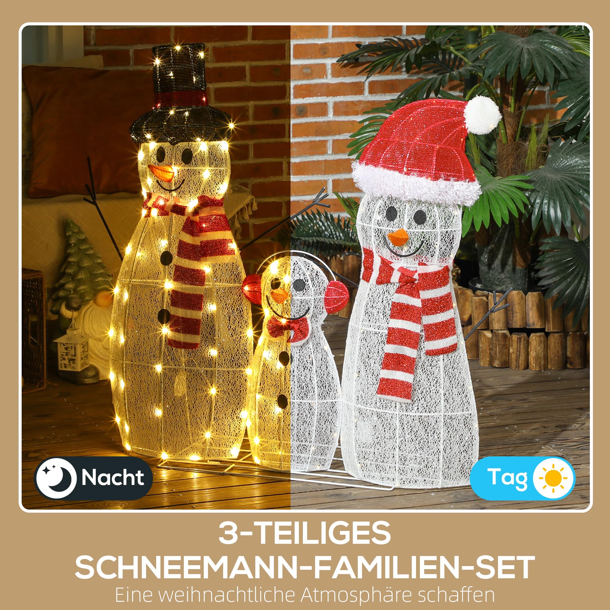 Outsunny LED Schneemann Weihnachtsdeko mit 148 warmweißen LEDs | Weihnachtsfigur, Weihnachtsbeleuchtung, Weihnachtsdekoration, für Außen & Innen