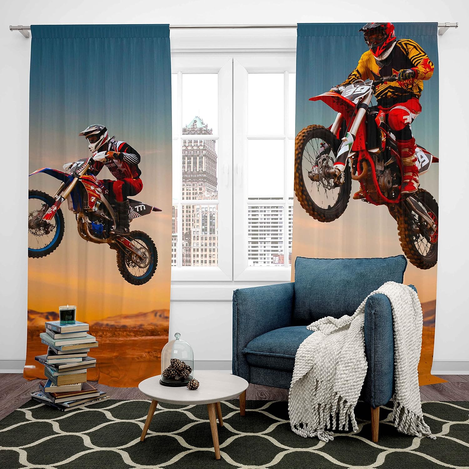 Boys Motocross Rider Drapes For Kids Adults Extreme Sports Theme Window Treatments Motorcycle Pattern Curtains Cool Dirt Bike Window Drapes Room Decor W46*L72 - Image 4