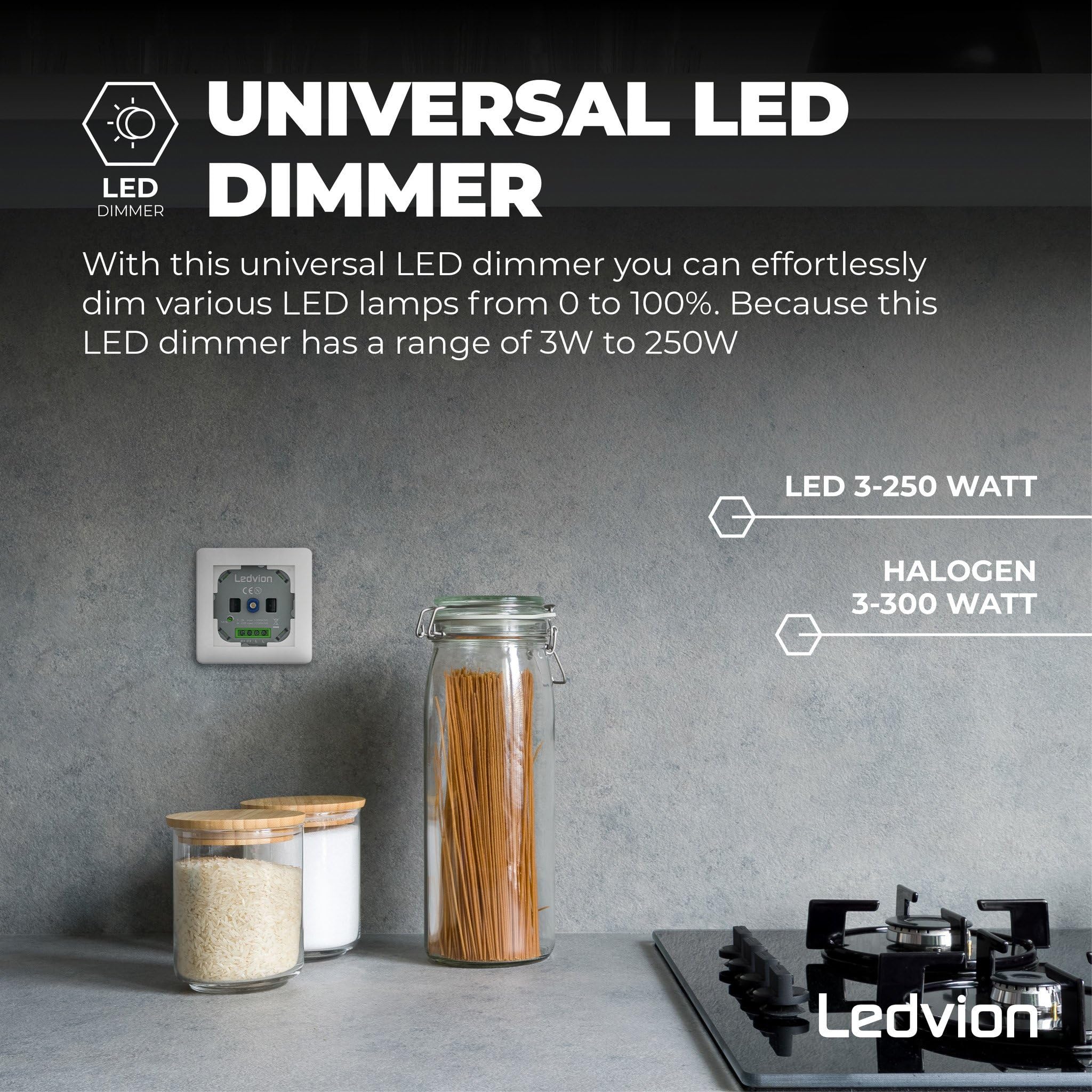 Ledvion - Variateur de Lumiere LED, LED Dimmables 5–600W / Halogène 10–600W, Couverture Blanche, à Découpage de Phase, Variateur Rotatif Encastré, Interrupteur Variateur LED