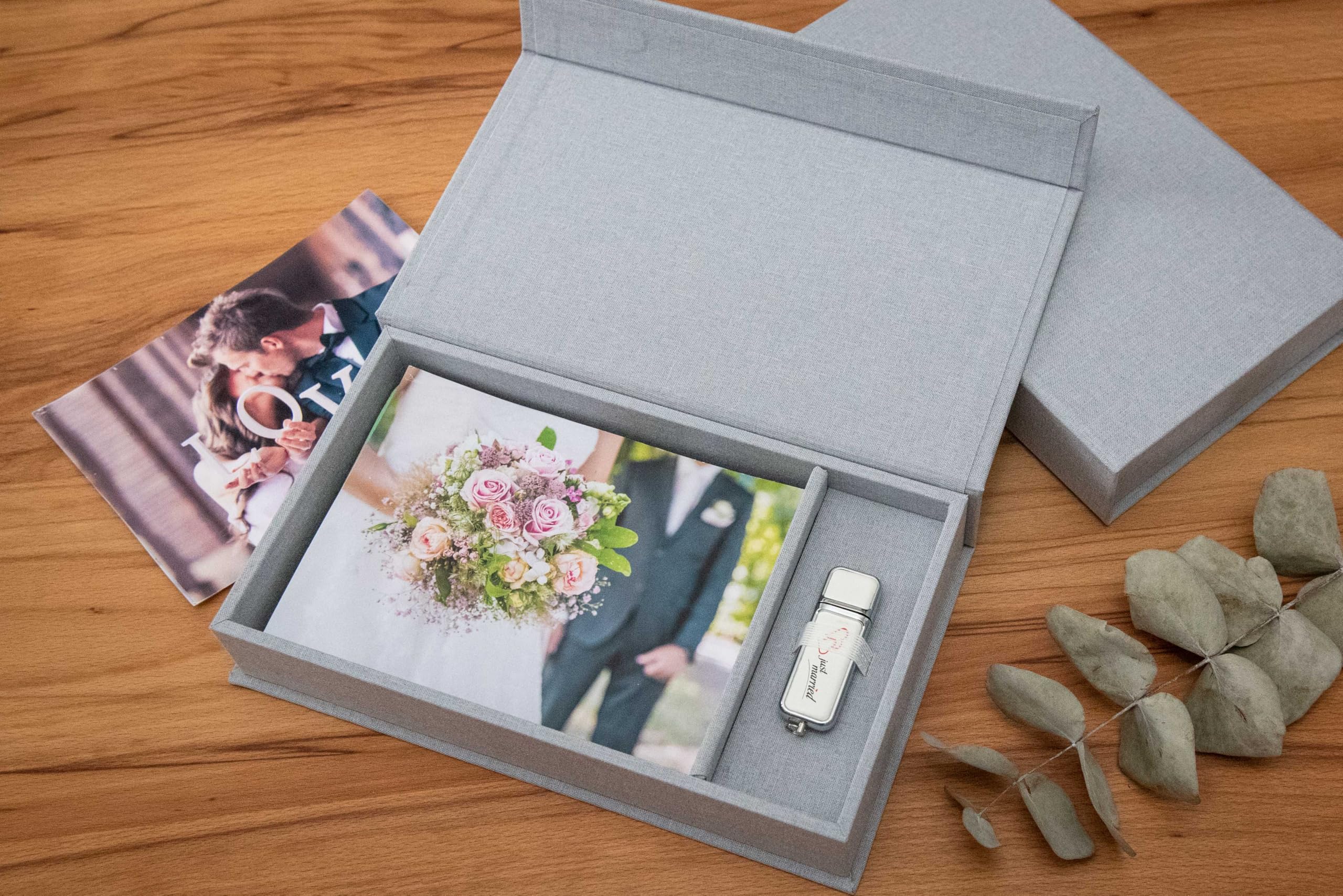 Contenitore USB per matrimonio, con scatola fotografica, 13 x 18 cm, tessuto di lino (HGray)