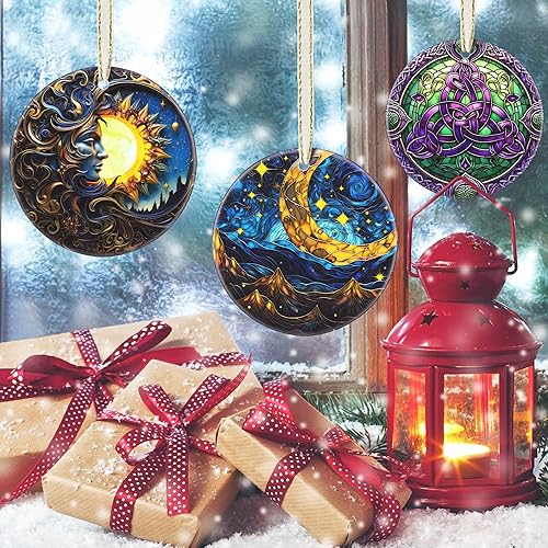 Miniatura 6 de Adorno navideño 2024  Decoración navideña redonda de cerámica para árbol  Idea de regalo para amigos, intercambio, estrella lunar retro