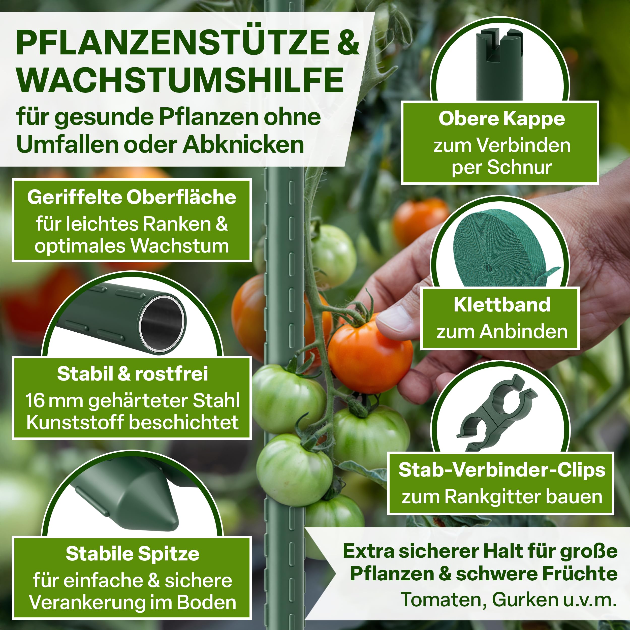 TTL GARDEN Set di 20 bastoncini per piante rampicanti, 150 cm x 16 mm, Ø verde, extra stabili da 16 mm, velcro + clip in acciaio inossidabile rivestito in plastica, supporto per piante e pomodori
