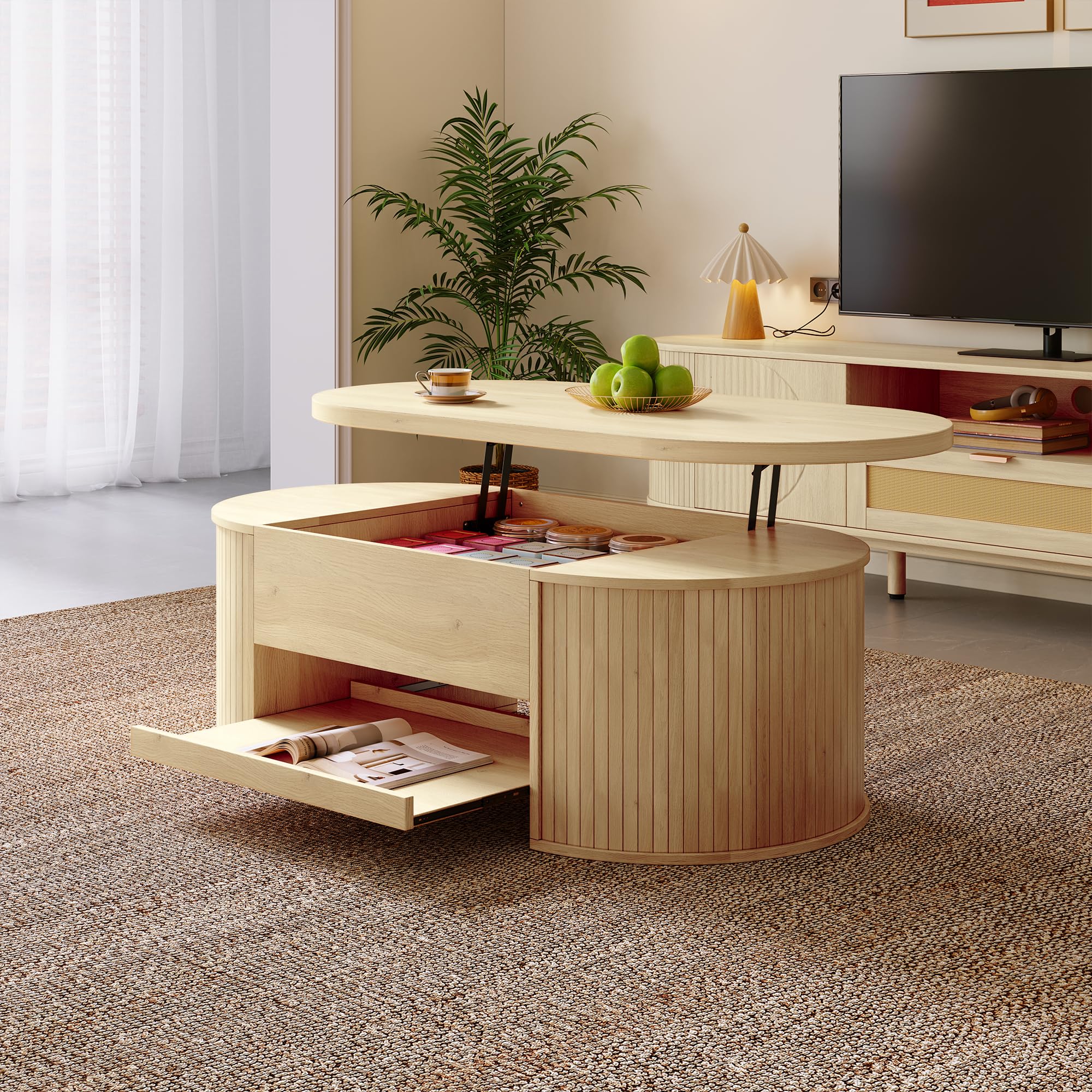 Soweiz Mesa de centro elevable, mesa de centro con lados curvos de madera, estante extensible, mesa elevable, mueble de salón multifuncional, 110 x 55,5 x 40 cm (color madera)