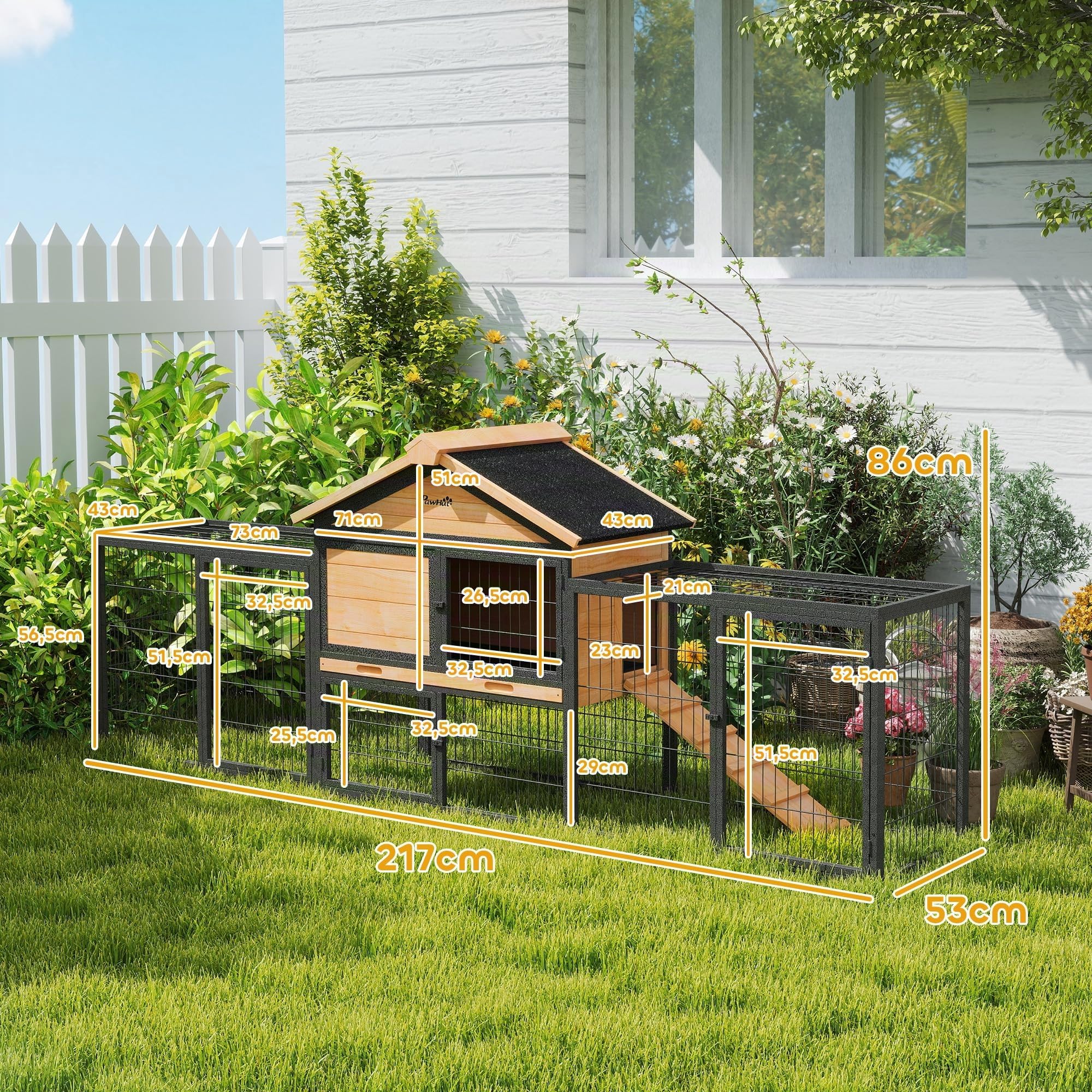 PawHut Clapier pour lapins 2 niveaux avec toit à deux pentes Clapier en bois massif résistant à l'hiver Maison à deux niveaux avec enclos 217x53x86 cm Cage à lapins extérieure Clapier pour petits