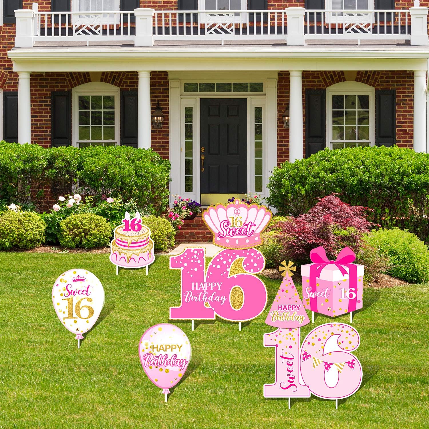 Sweet Happy 16th Birthday Party Yard Sign Set of 8 Pink 16 Birthday Yard Signs with Stakes and Outdoor Lawn Decoration for Girls