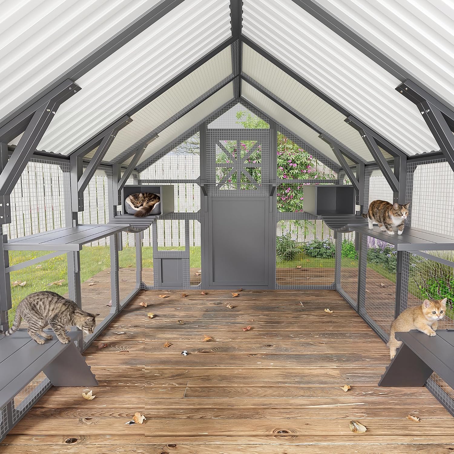 Merax 94.5 Inch Extra Large Catio Outdoor Cat Enclosure, Walk-in Outdoor Pet House for Multiple Cats, Patio Catio Cat Run Cage with Bridges, Weatherproof Roof, 8 Platforms & 2 Resting Box, Grey