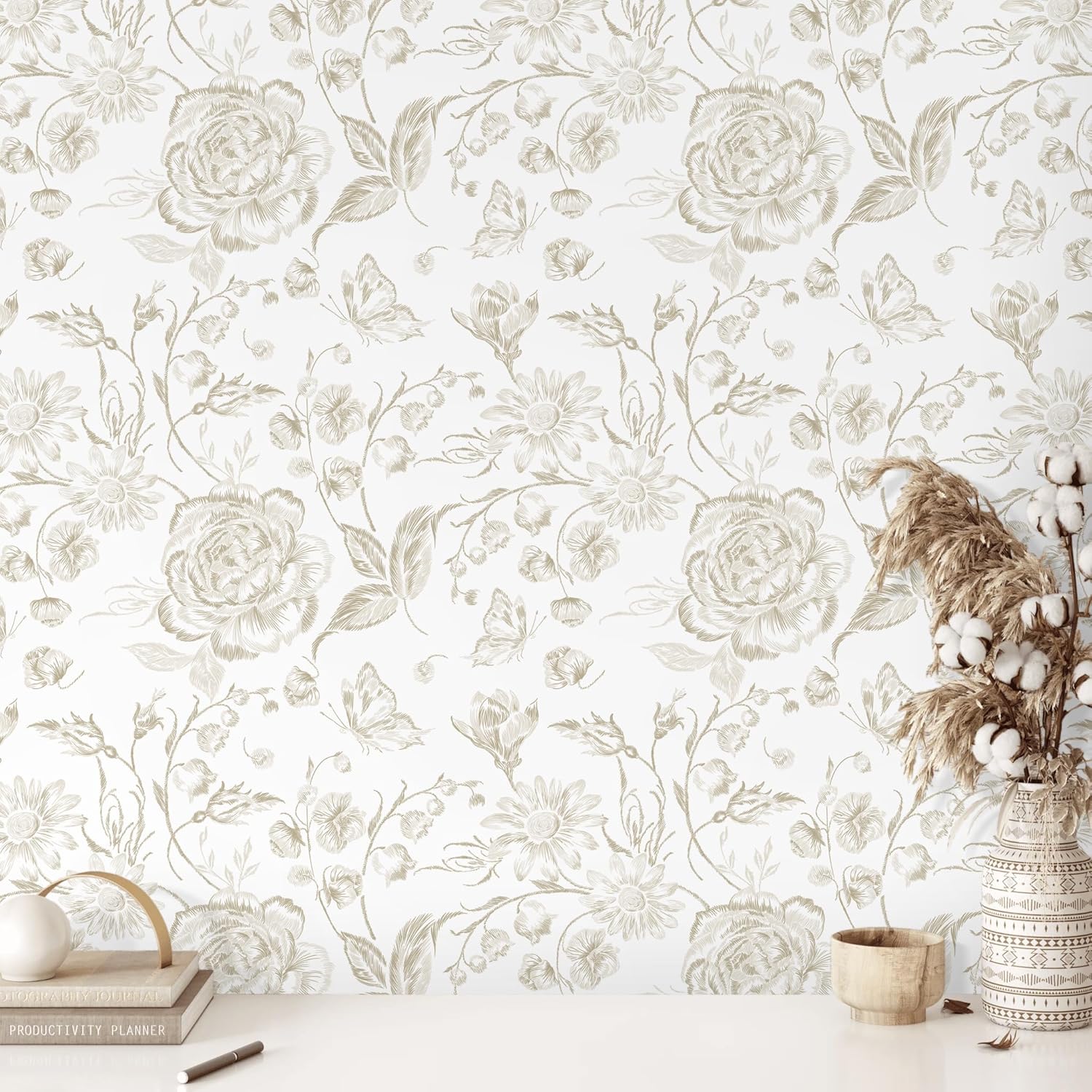 Peel and Stick Wallpaper Vintage Floral Wall Paper Boho Contact Paper Bedroom Bathroom Wallpaper Beige and White Removable Self-Adhesive Kitchen Wall Decor Vinyl Roll 17.3" x 78" 17.3" x 78" Beige and White