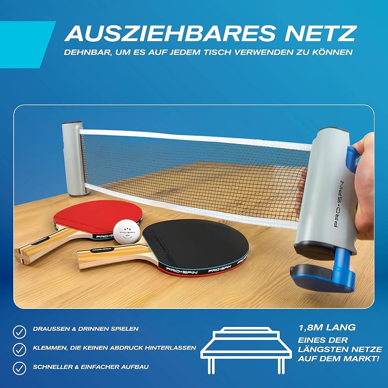 PRO SPIN Pingpong Ütő Készlet - Hordozható Asztali Tenisz Háló, 3 Csillagos Labdák, Táska, Gyerekeknek és Felnőtteknek, 4 Játékos Részére