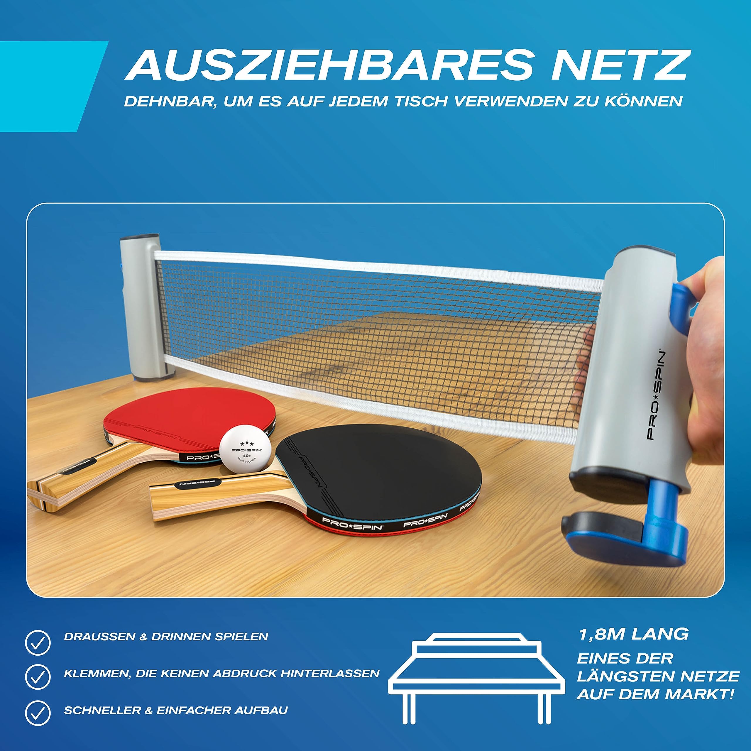 PRO-SPIN Tischtennisschläger Set - Mit Tischtennisnetz Für Jeden Tisch, Tischtennis bälle 3-Sterne, Tasche/Hülle | Ausziehbares Mobiles Tischtennis Netz | Tolles Geschenk & Spiele
