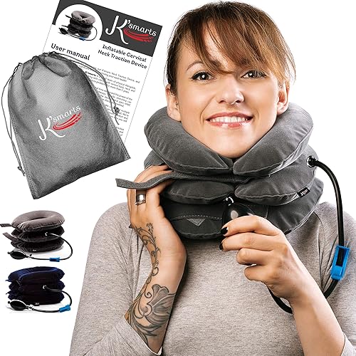 Pinched Nerve Neck Stretcher Cervical Traction Device for Home Pain Treatment | Inflatable Spinal Decompression Collar Unit Muscle Strain Injury Relief | Herniated Disc Problems Remedy Kit (Gray)