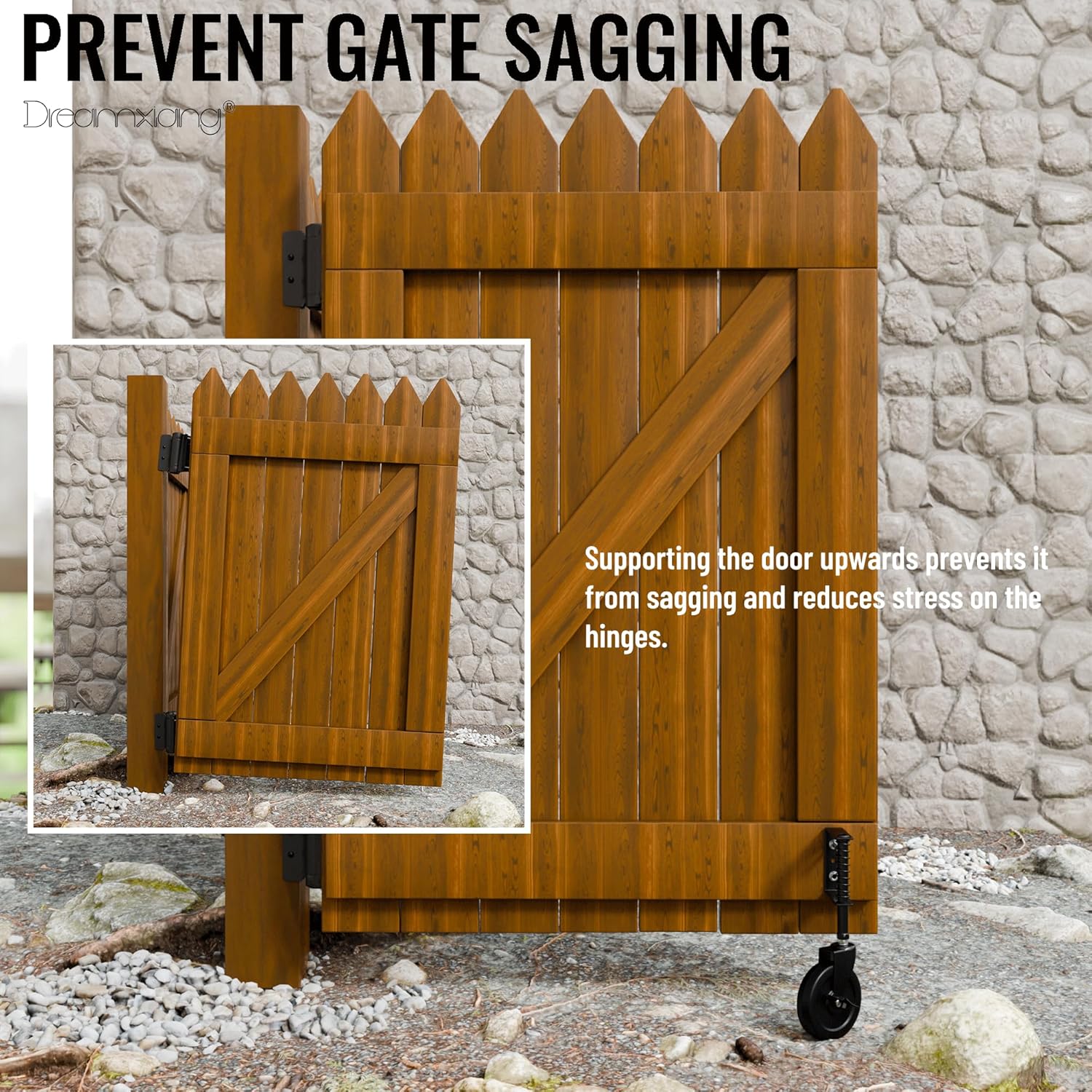 5" Spring Loaded Gate Caster with Side Brake, Heavy Duty Rubber Gate Wheel for Wooden Fence Gate with 360° Rotation, Farm Gate Support Helper for Wooden Metal Swing Gate, 330 Lbs Capacity, Black,2Pack