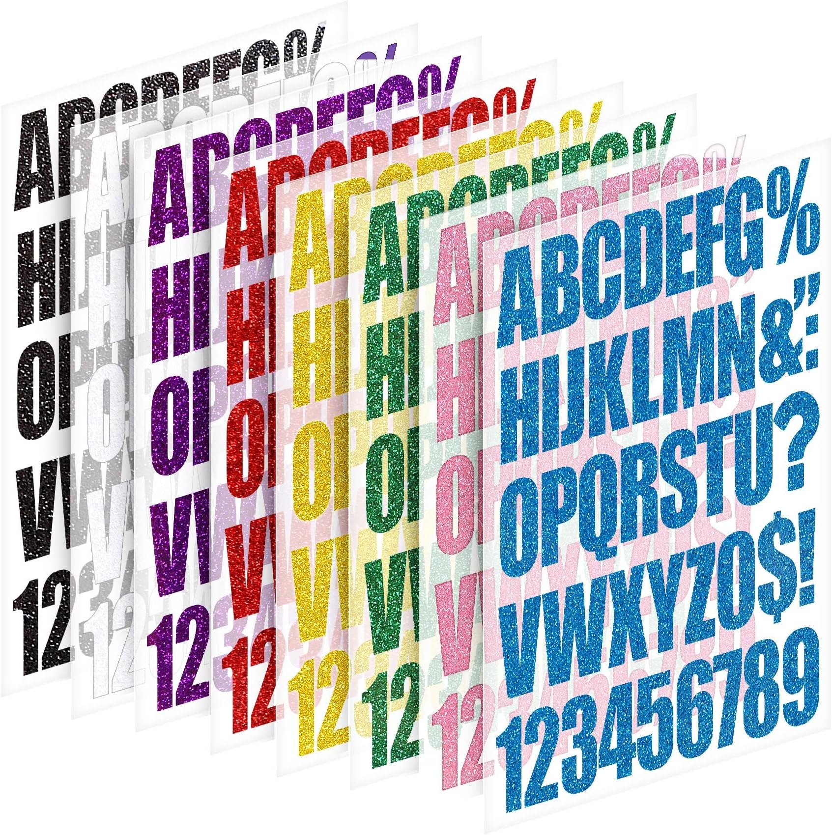DoreenBow 8 Sheets 2 Inch Iron on Letters and Numbers for Clothing T Shirts Fabric Glitter Heat Transfer Letters Number Stickers for DIY Craft