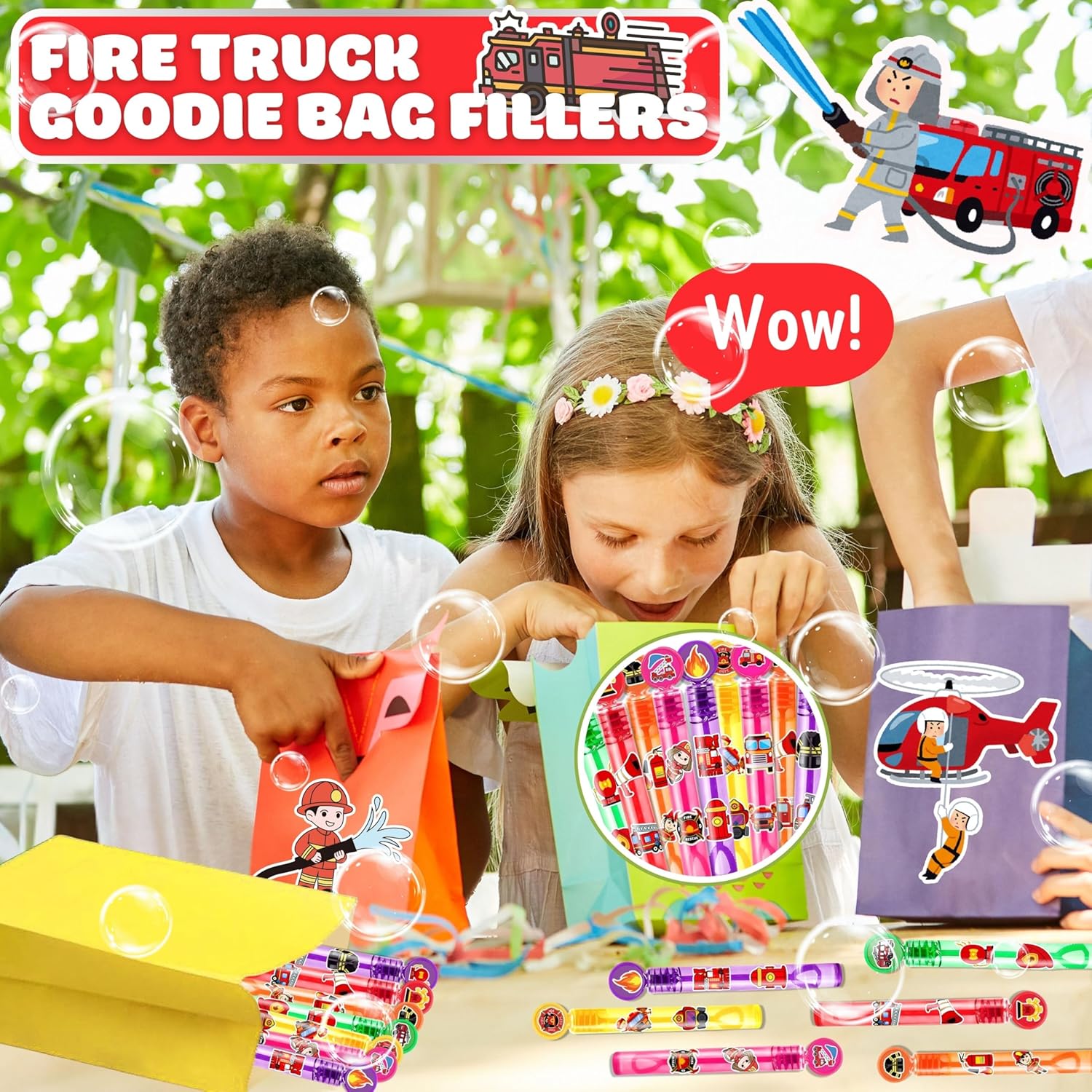 Fire Truck Party Favors for Kids – 24PCS Firefighter-Themed Mini Bubble Wands, Great for Birthday Supplies, Pinata Fillers, Goodie Bags & Classroom Rewards