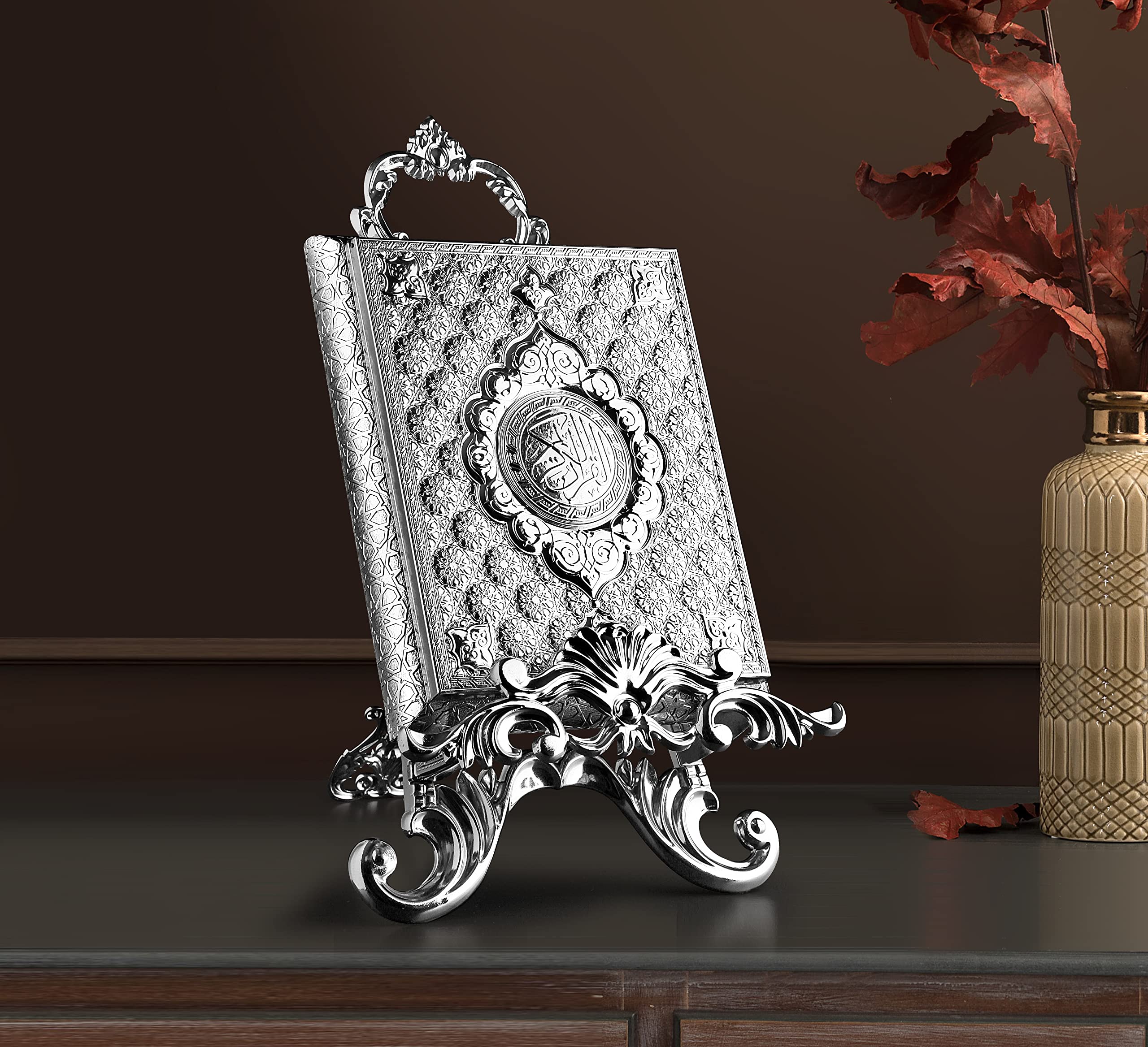LaModaHome Islamic Book Rehal Stand, Home Decoration to Display the Quran with Elegance, Metal Holder for Reading Studying, Special Events, Ramadan, Religious Holidays - Silver
