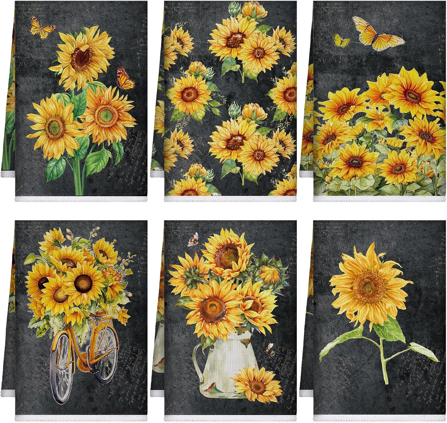 Bencailor 6 Pcs Black Sunflower Kitchen Towels Decorative Sets Dish Towels Absorbent Fast Drying Hand Tea Vintage Hanging Reusable Cleaning Dishcloths for Cooking Farmhouse Bathroom Accessory
