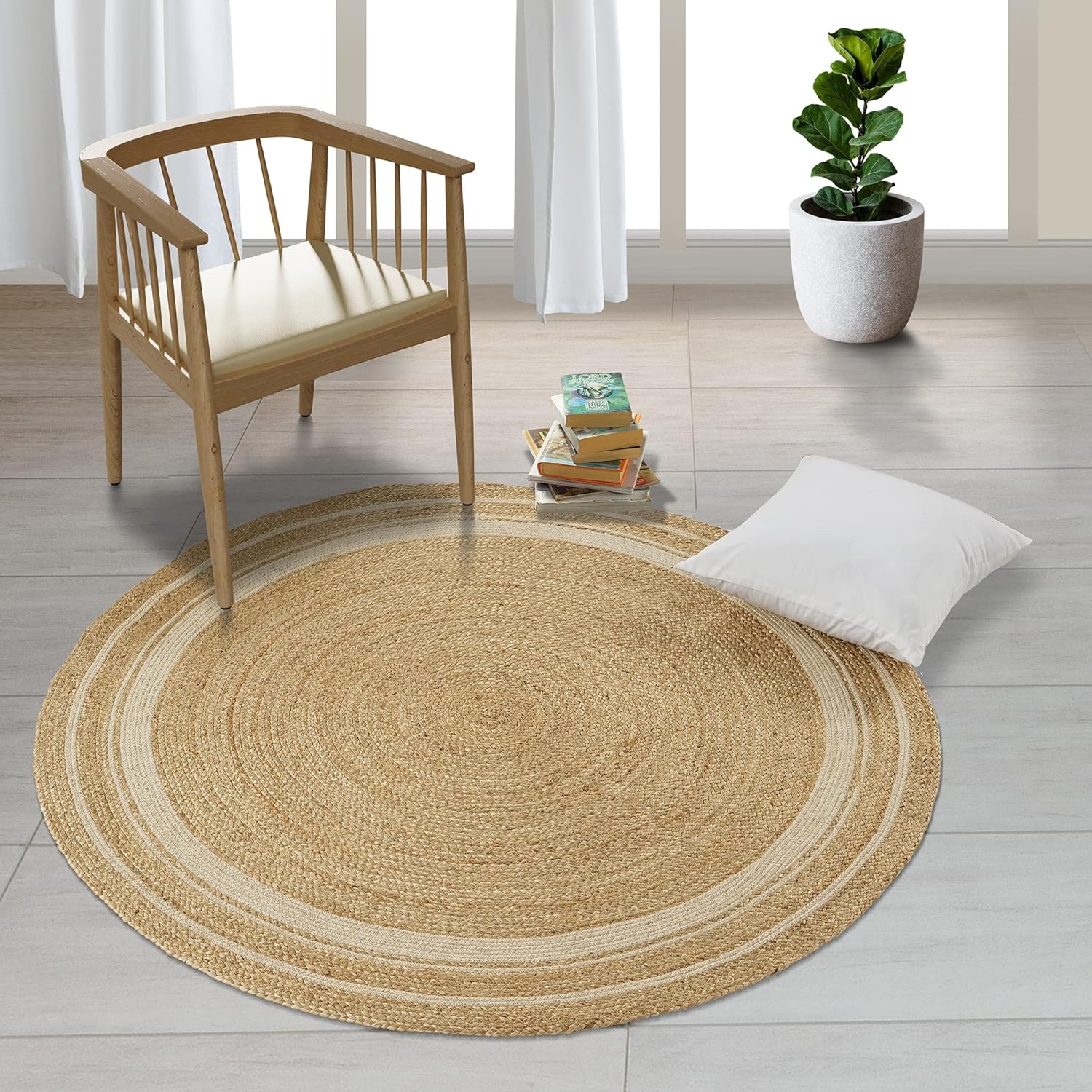 GRUHUM Jute Area Rug 10ft Natural Fiber Cotton Round Boho