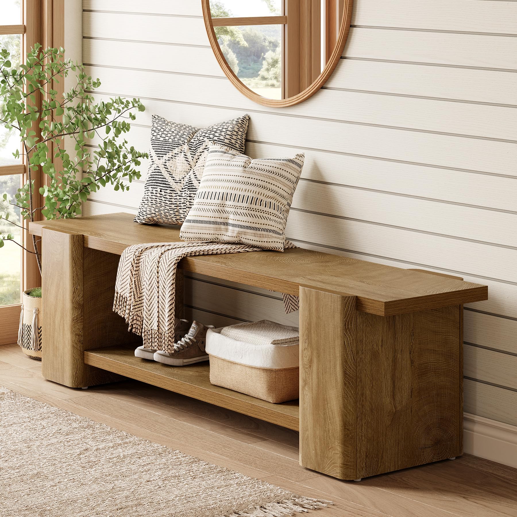 LITTLE TREE Wood Entryway Bench, 63" End of Bed Bench with Storage Shelf, Farmhouse Extra Long Shoe Bench for Entryway, Dining Room, Hallway, Living Room, Bedroom, Double-Reinforced Legs, Natural Oak