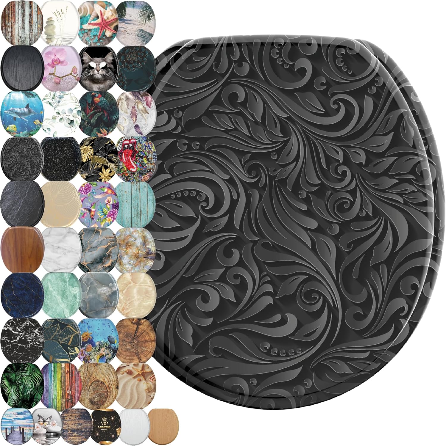 SANILO Wooden Toilet Seat with Soft Close [ROUND] - Decorative, Quiet & Slow Close Molded Wood Seat - With Strong Bumpers & Hinges - Adjustable Fit  Floral