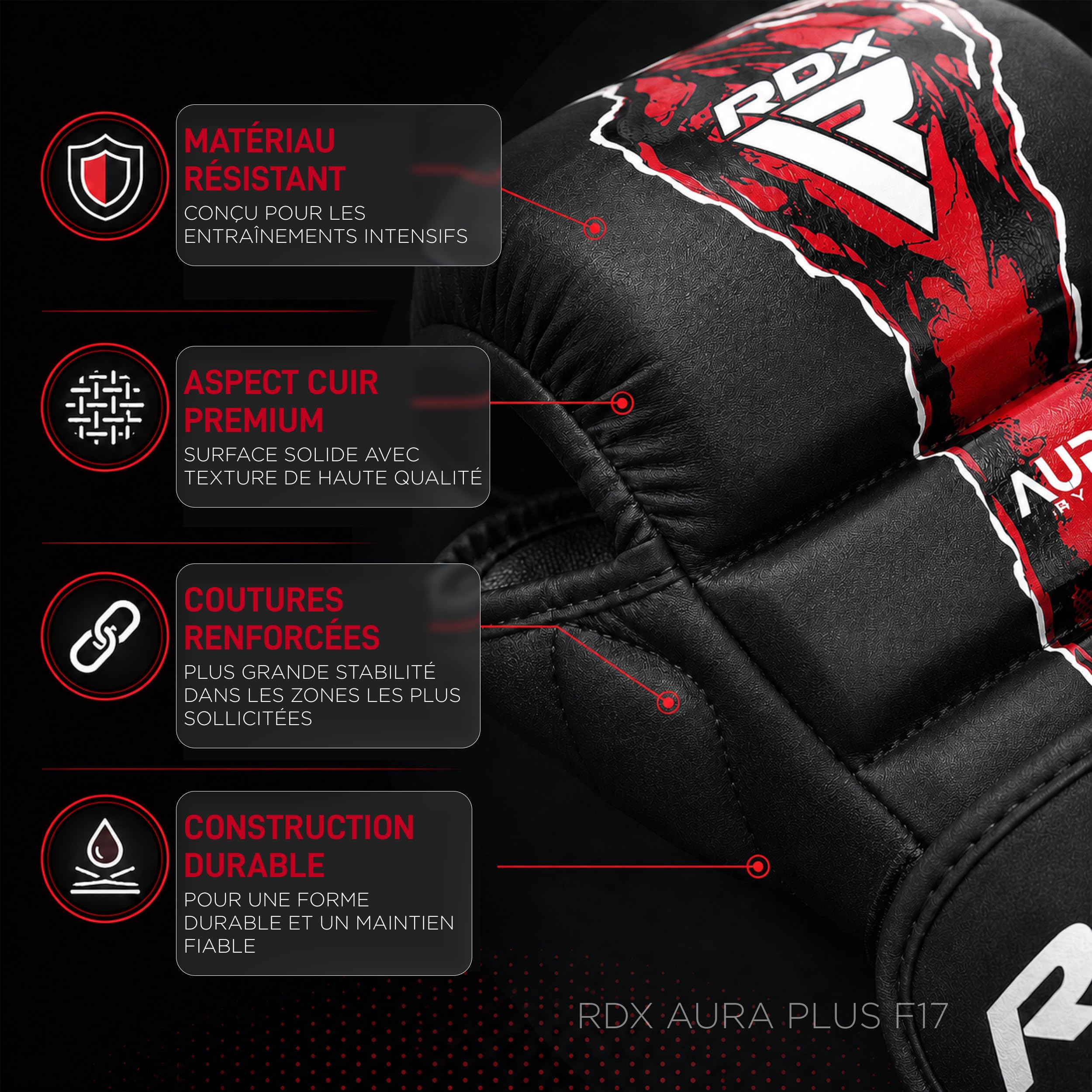 RDX Aura Plus F17 Gants de Grappling pour Homme et Femme, Gants MMA à Paume Ouverte, Gants d’Entraînement pour Prise, Sparring et Combat au Sol, Rembourrage Amortissant, MMA Gloves