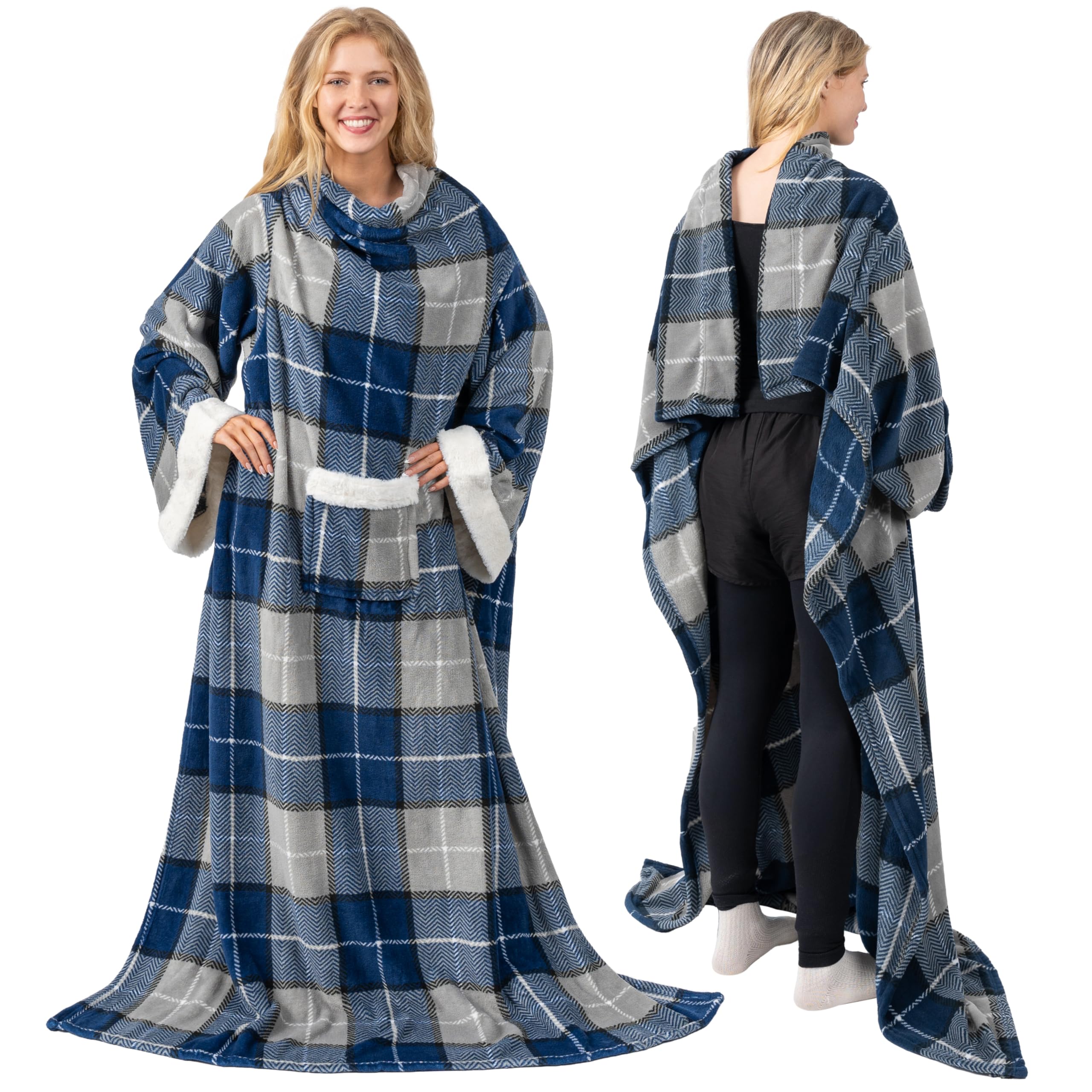 PAVILIA Fleece Blanket with Sleeves for Women Men Adults, Wearable Blanket Warm Soft Plush, Snuggle Pocket Sleeved TV Throw Wrap, Cozy White Elephant Gifts Ideas for Mom Wife, Plaid BlueOEKO-TEX STANDARD 100