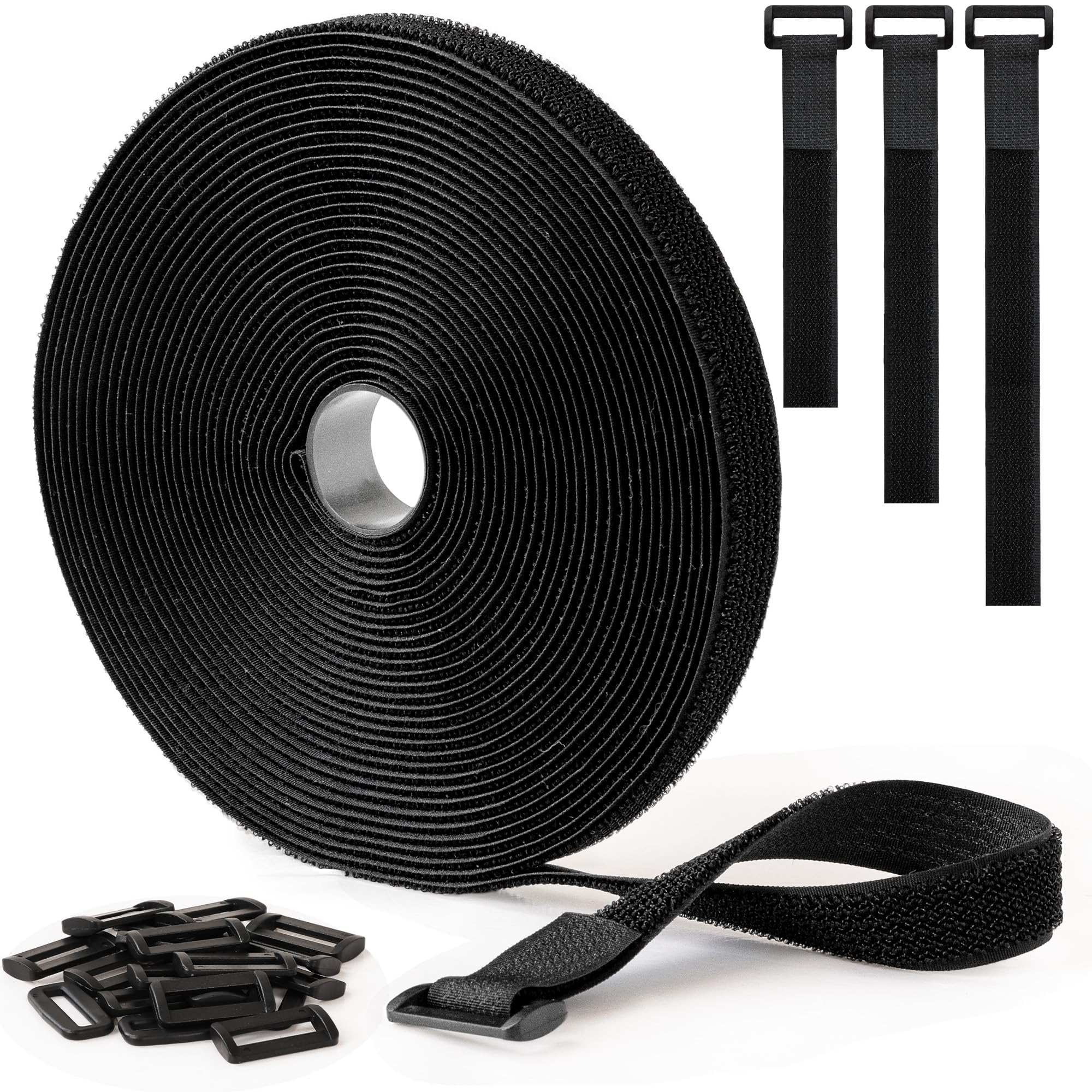 10m x 2cm Adjustable Cable Strap with 50 Buckles - Hook and Loop Cable Ties, Cut-to-Length Roll Securing Strap for Wire Management, Cable Tidy, Cord Organisation & Home Office Storage (Black)