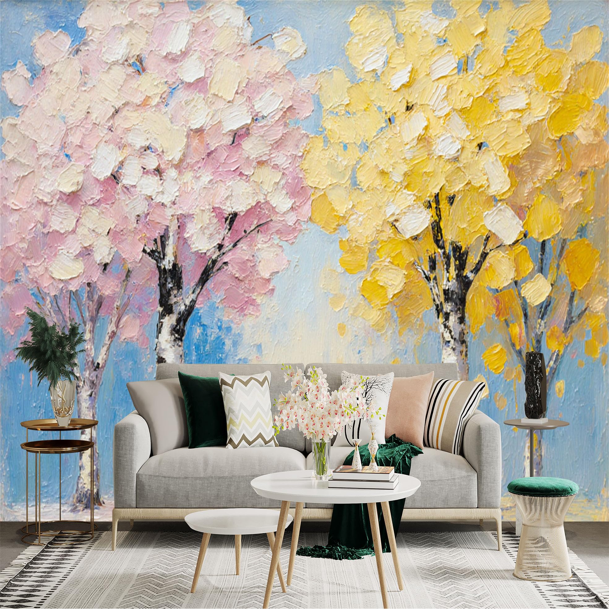 Custom Size Wall Sticker Mural， Pink and Yellow Trees， Palette Knife Oil Painting， Colorful Nature Landscape， for wall Decoration， peelandstick wall Decals.