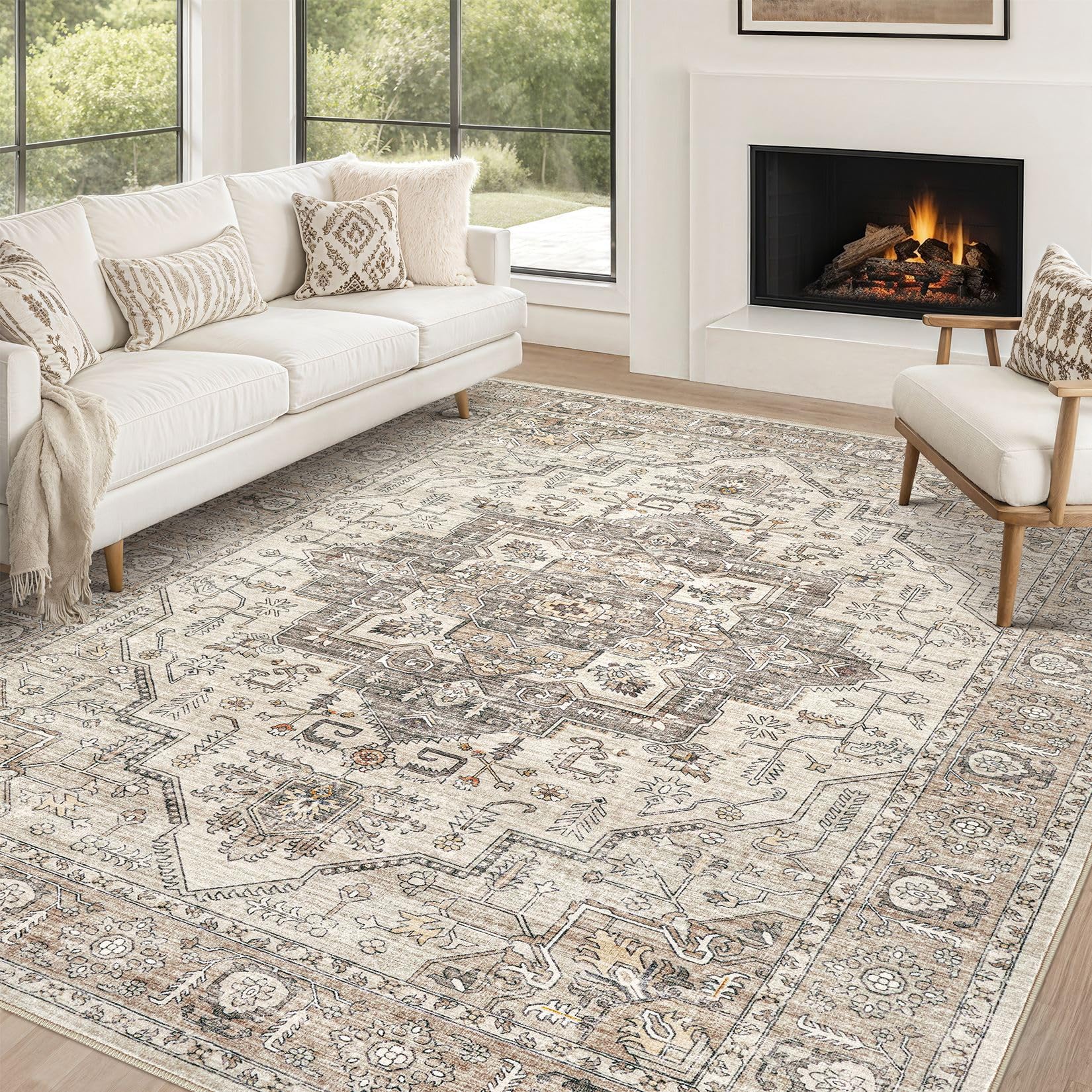 Area Rug 10x14 Washable Vintage - Soft Traditional Rug for Living Room Bedroom Dining Room or Home Office -Non Slip Backing Large Rugs with Low Pile