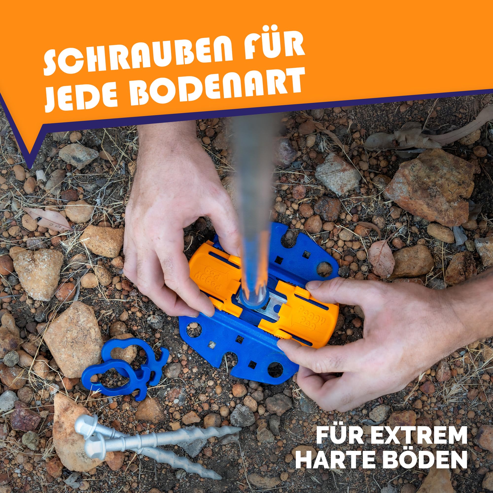 Peggy Peg – Markisenbefestigung Set mit Fix&Go Anker-Platten 2.0 & diversen Schraubheringen – Bodenhalterung zur Fixierung von Markisenfüßen & Zeltgestänge beim Camping – für weiche bis Harte Böden