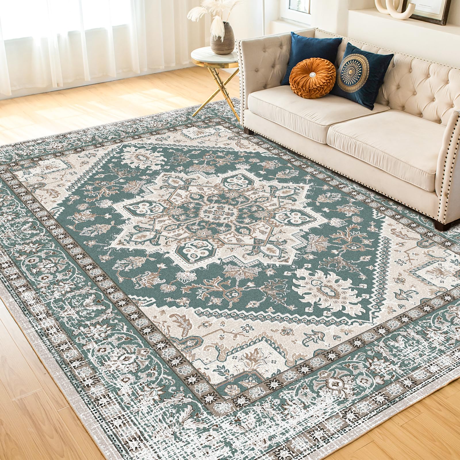 VK VK·LIVING 8x10 Area Rugs for Living Room Vintage Design Boho Rug Washable Area Rugs with Non Slip Rugs for Bedroom Ultra-Soft Woven Rug Carpet Stain Resistant, Green Rug