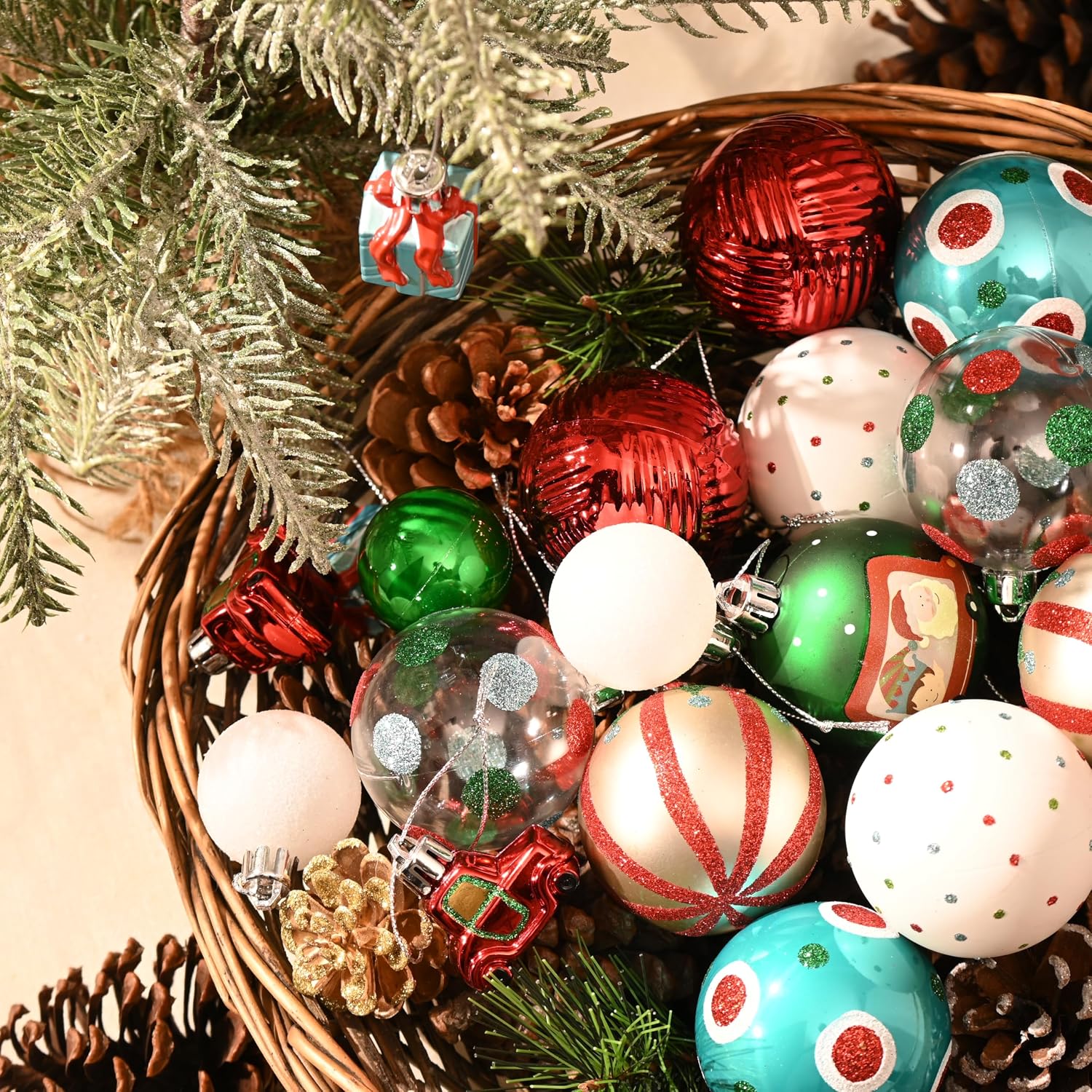 DecorbyHannah Green Red Christmas Ornaments Set, 21ct Elf Whimsical Ornaments for Christmas Tree Decorations, Shatterproof Plastic Decorative Hanging Ball Bulk for Xmas Holiday Home Indoor Party Decor