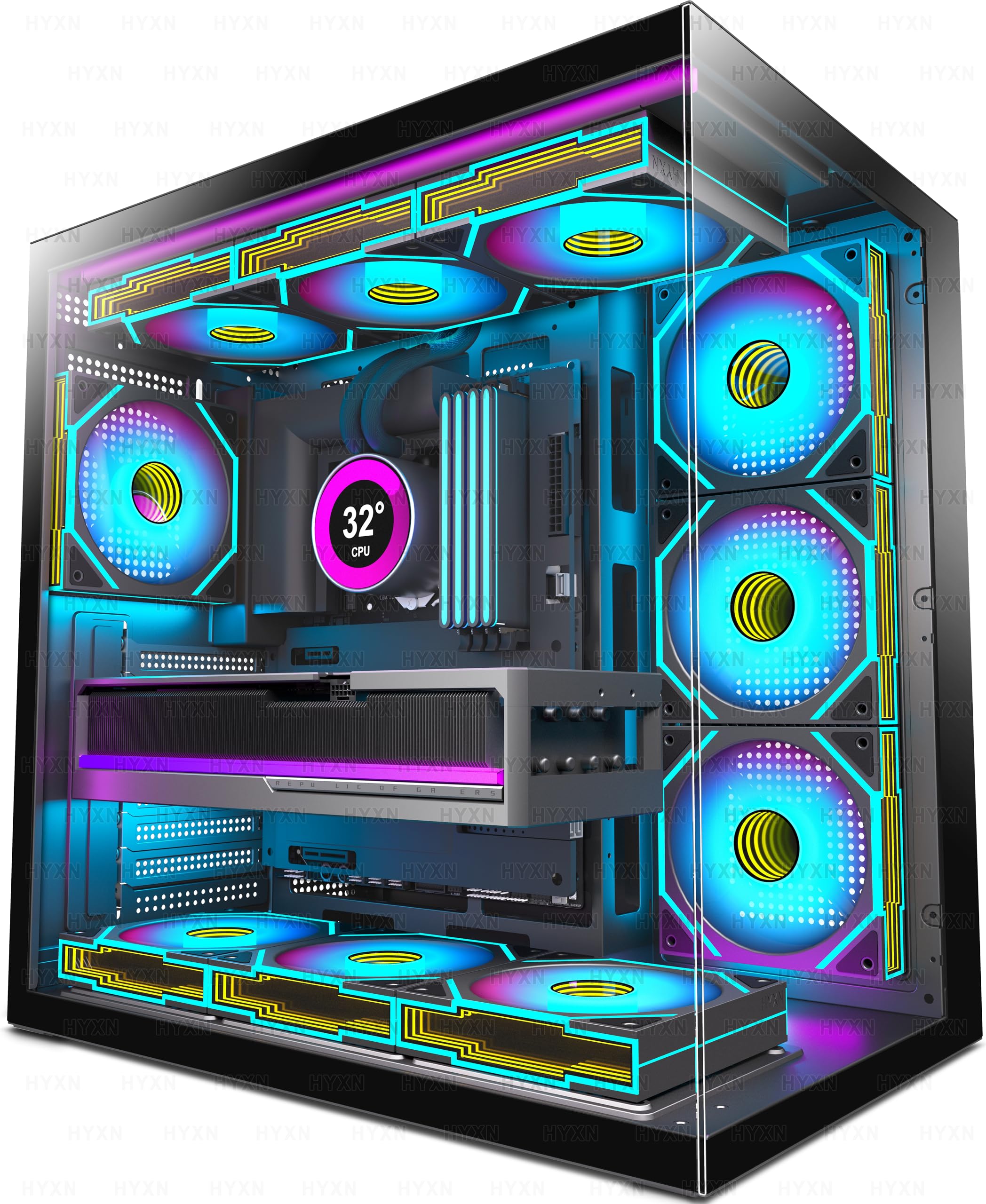 HYXN H1 Case PC ATX – Con 6 ventole PWM ARGB specchio infinito, doppia camera Mid Tower Case per PC Gaming, con Type-C, può ospitare contemporaneamente 3 radiatori da 360 mm (Black, H1)